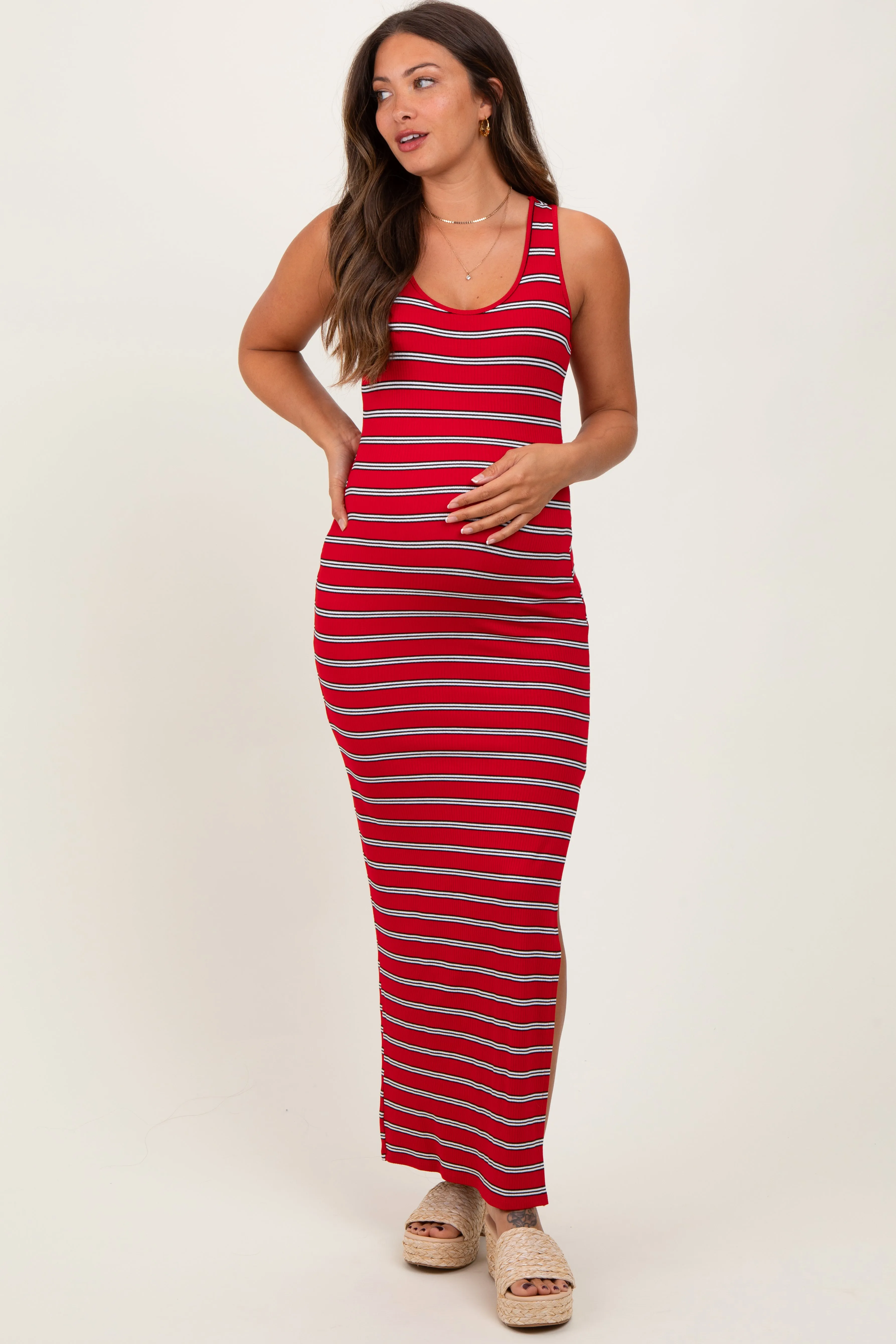 Red Black Striped Side Slit Maternity Maxi Dress sold by Pinkblush product image thumbnail 2