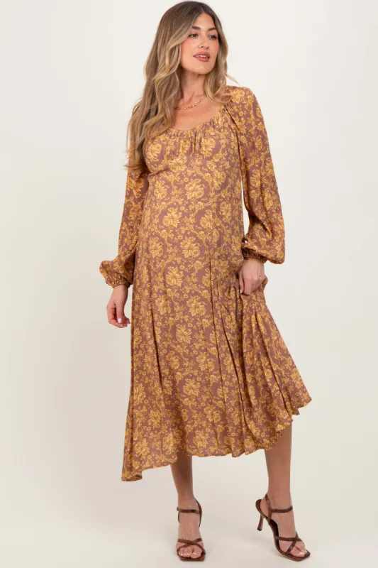 Camel Floral Long Sleeve Maternity Dress sold by Pinkblush