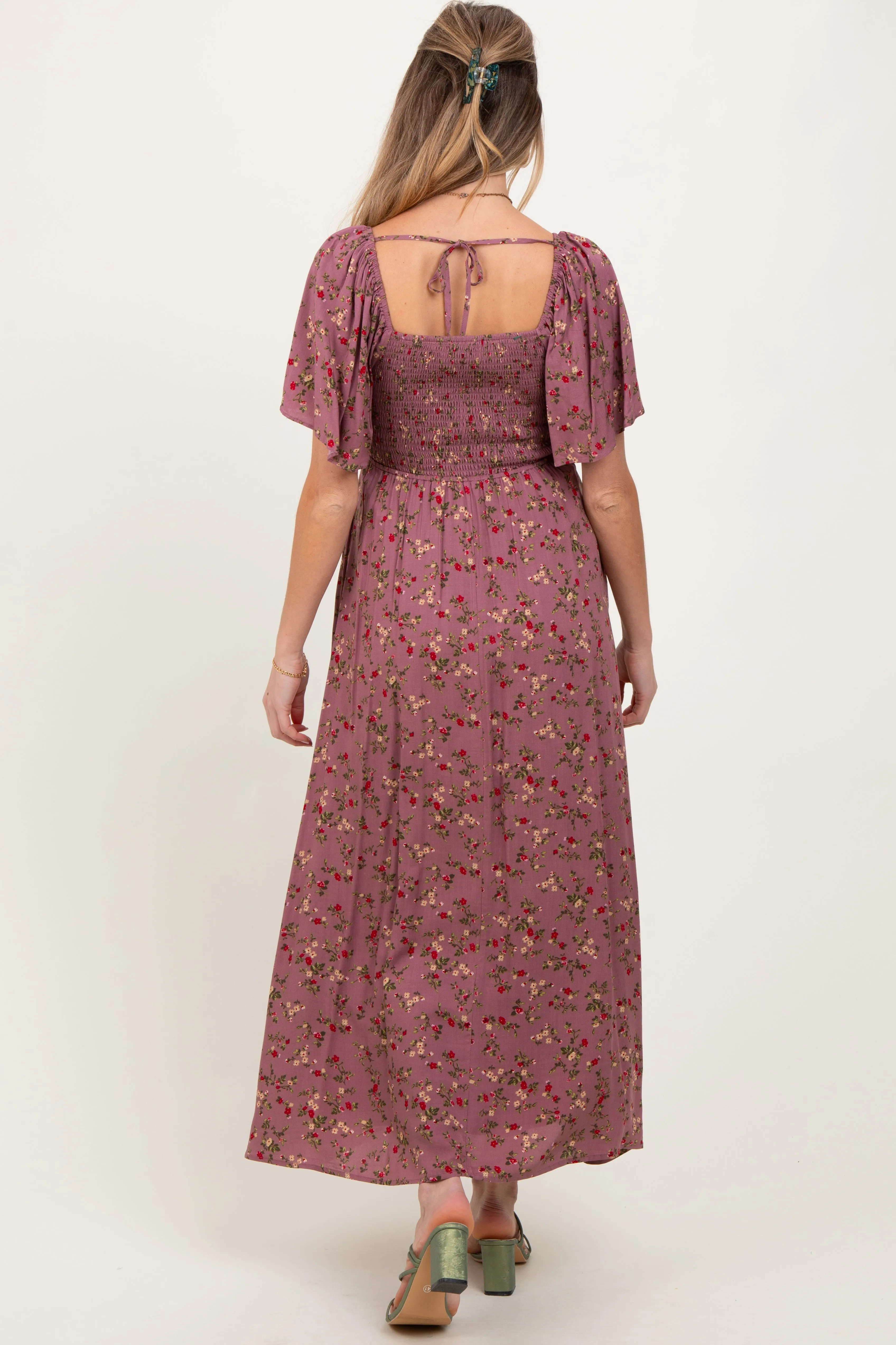 Mauve Floral Smocked Button Front Short Sleeve Maternity Maxi Dress sold by Pinkblush product image thumbnail 4