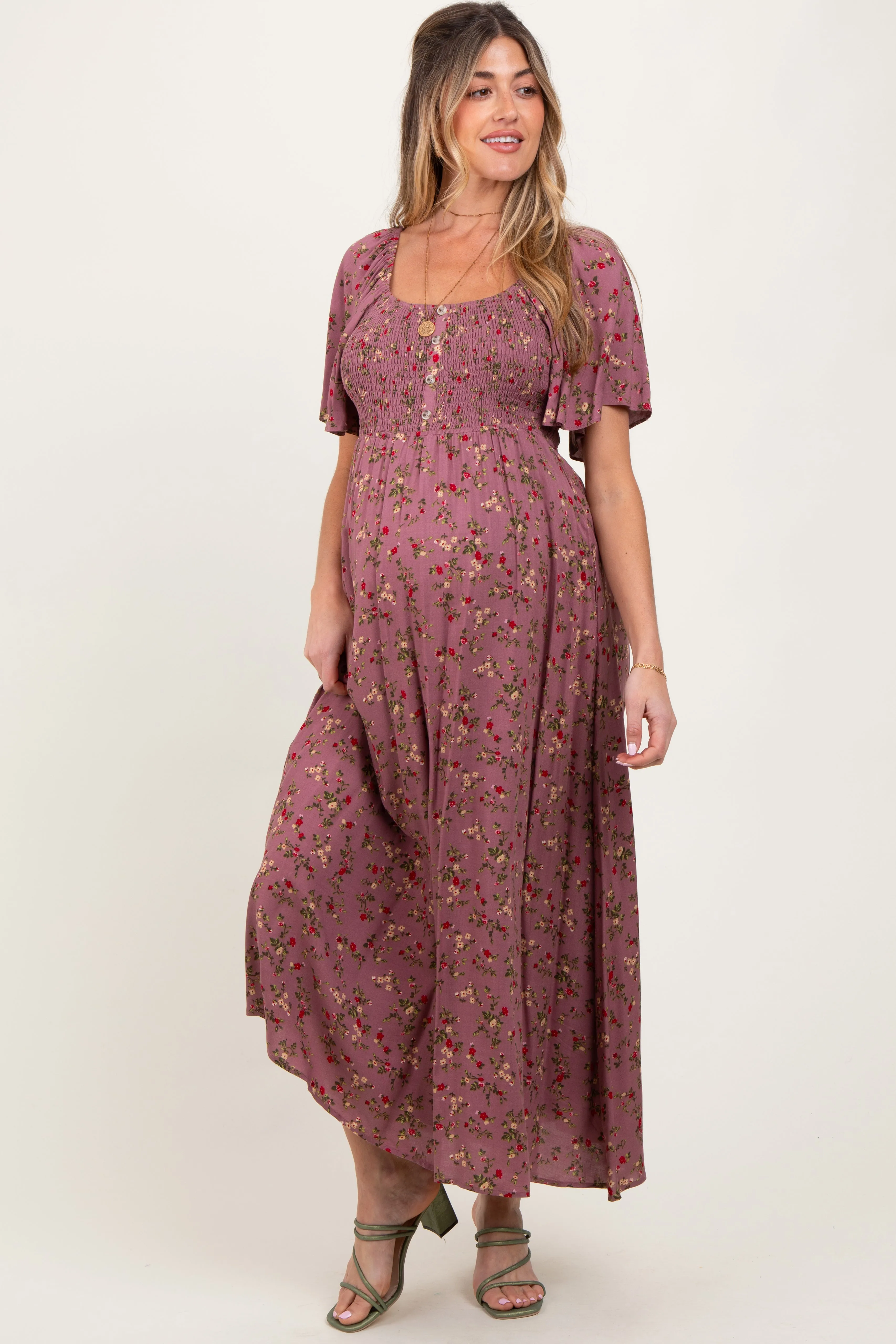 Mauve Floral Smocked Button Front Short Sleeve Maternity Maxi Dress sold by Pinkblush