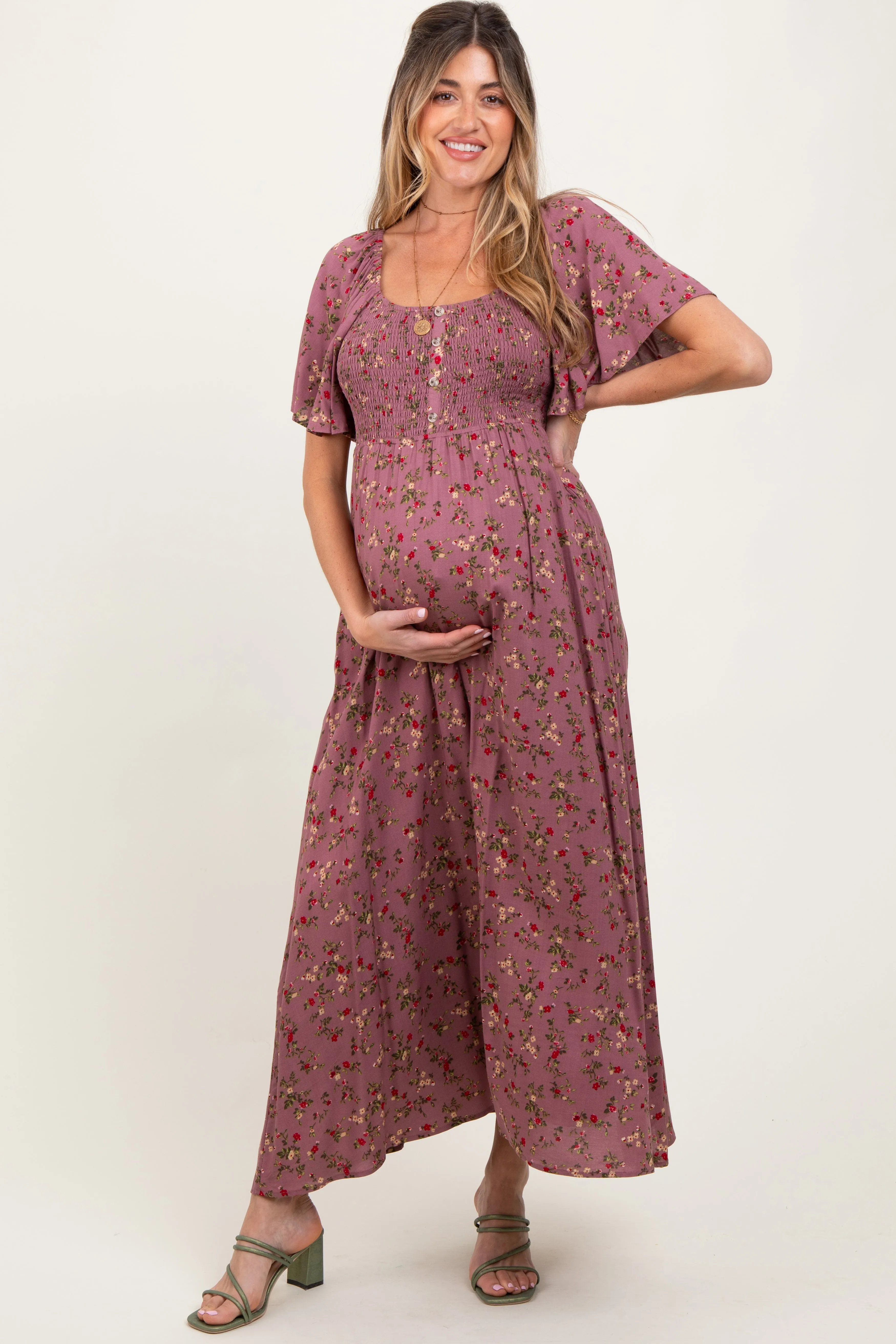 Mauve Floral Smocked Button Front Short Sleeve Maternity Maxi Dress sold by Pinkblush product image thumbnail 2