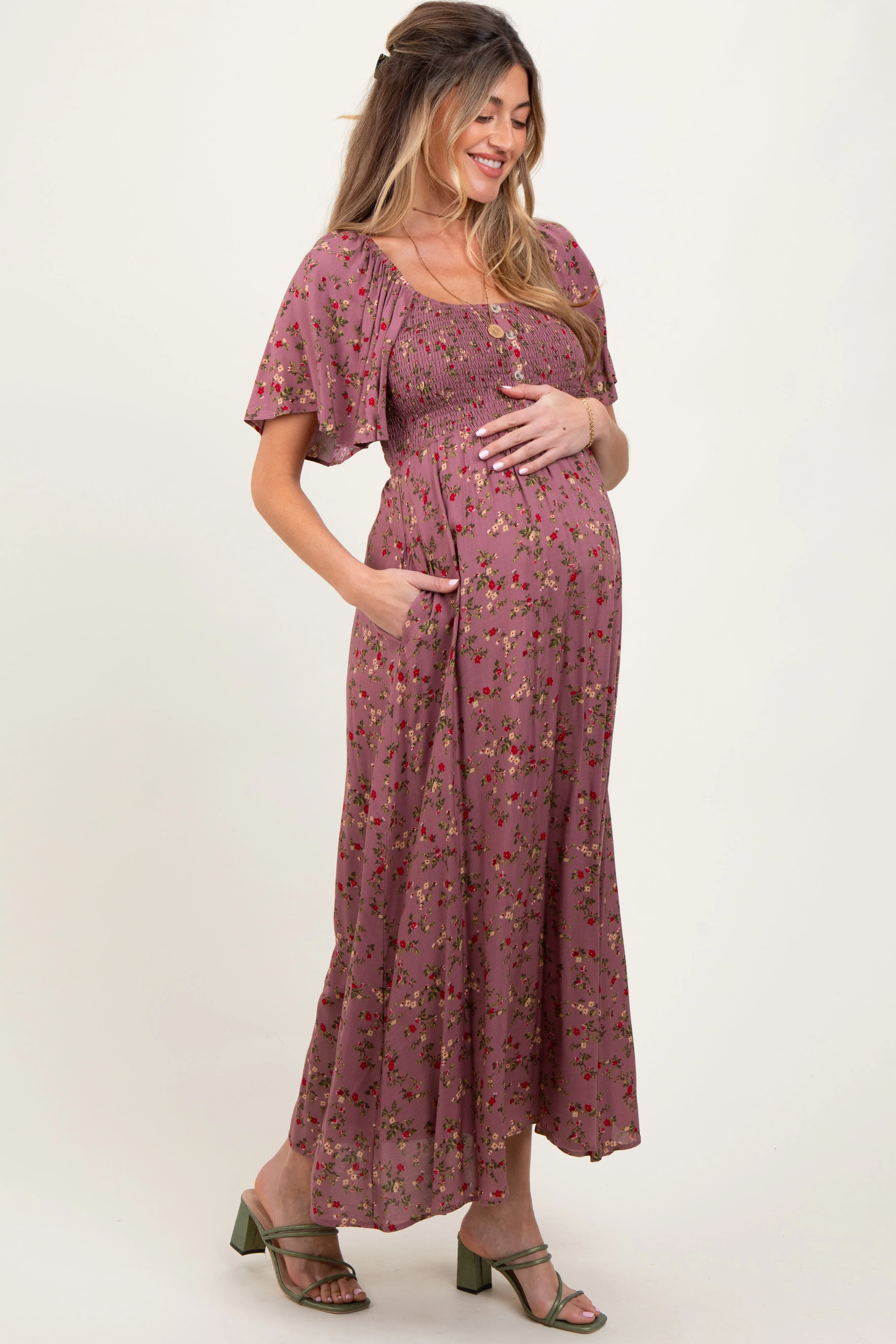 Mauve Floral Smocked Button Front Short Sleeve Maternity Maxi Dress sold by Pinkblush product image thumbnail 3