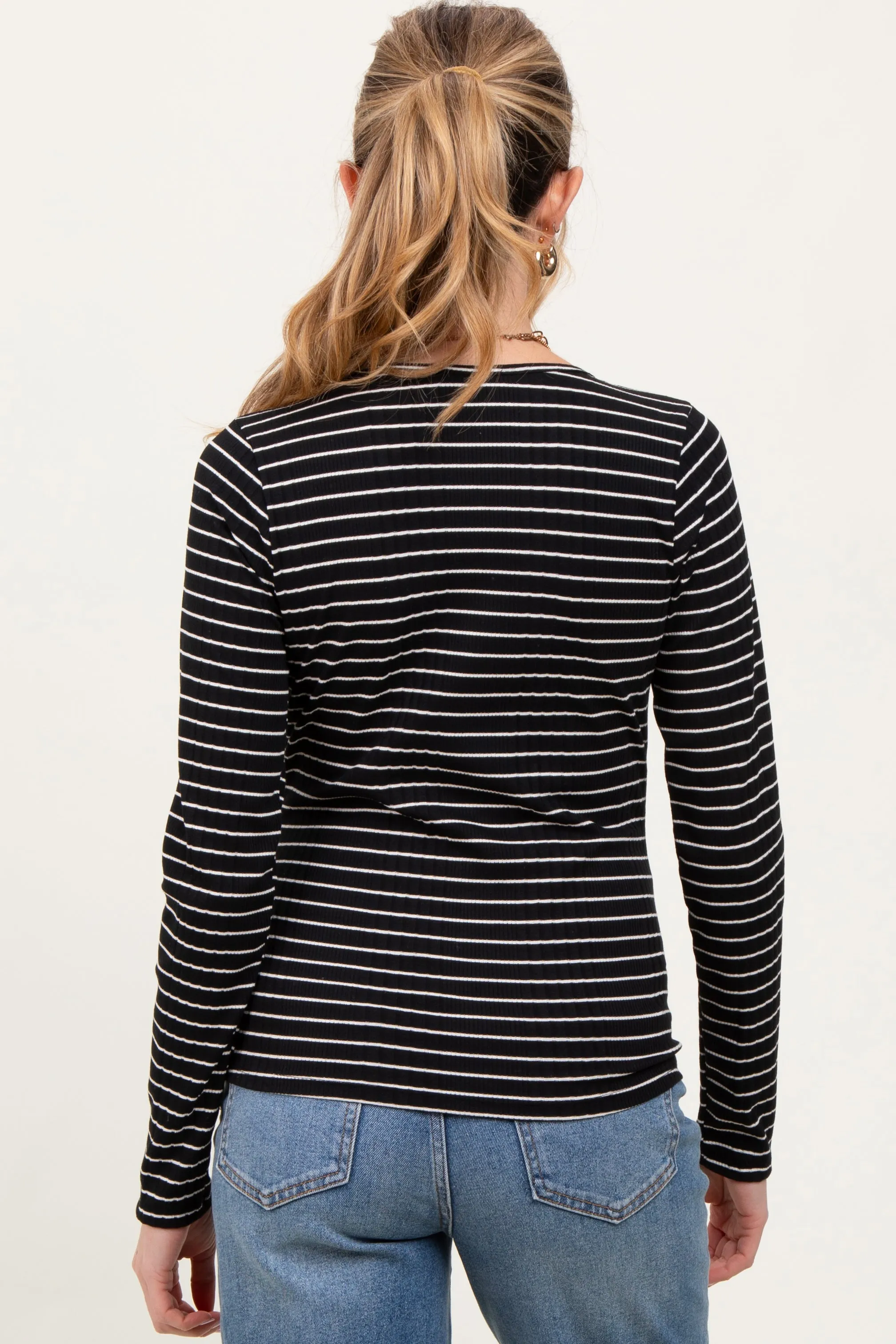Black Striped Ribbed Long Sleeve Lace Detail Button Down Maternity Cardigan sold by Pinkblush product image thumbnail 2