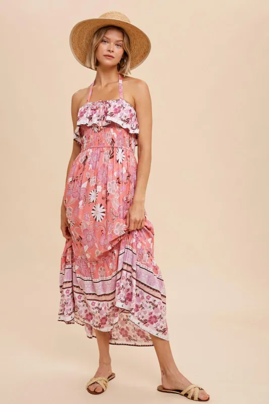 Pink Flounced Border Print Smocked Midi sold by Pinkblush