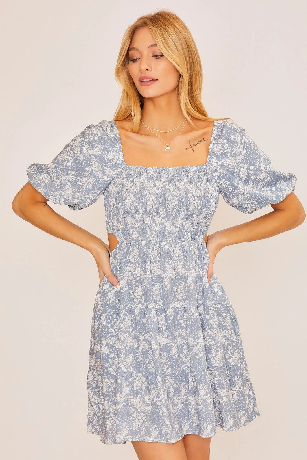 Dusty Blue Smocked Bodice Mini Dress sold by Pinkblush