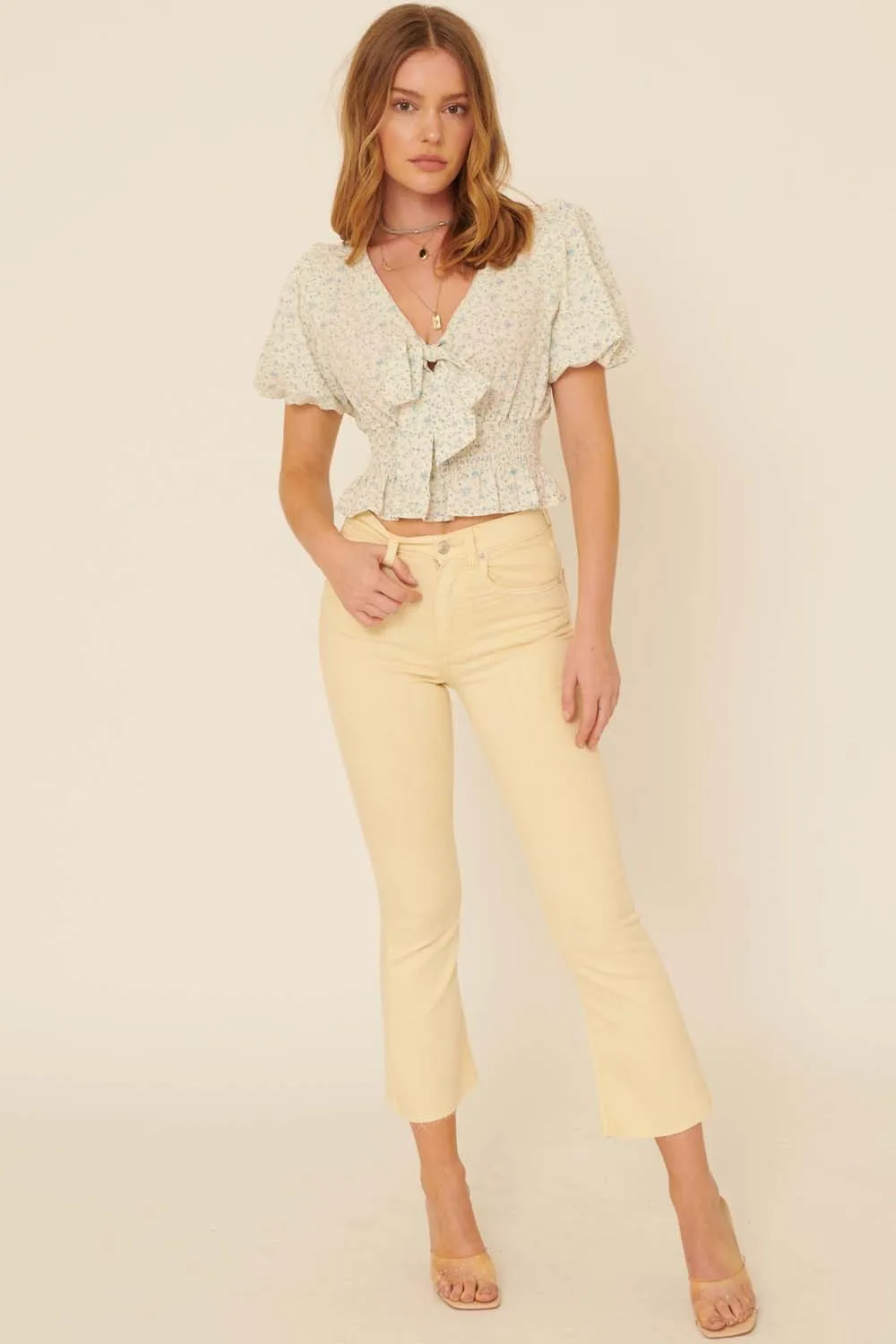 Powder Blue Floral V Neck Puff Sleeve Smocked Cropped Top sold by Pinkblush product image thumbnail 4