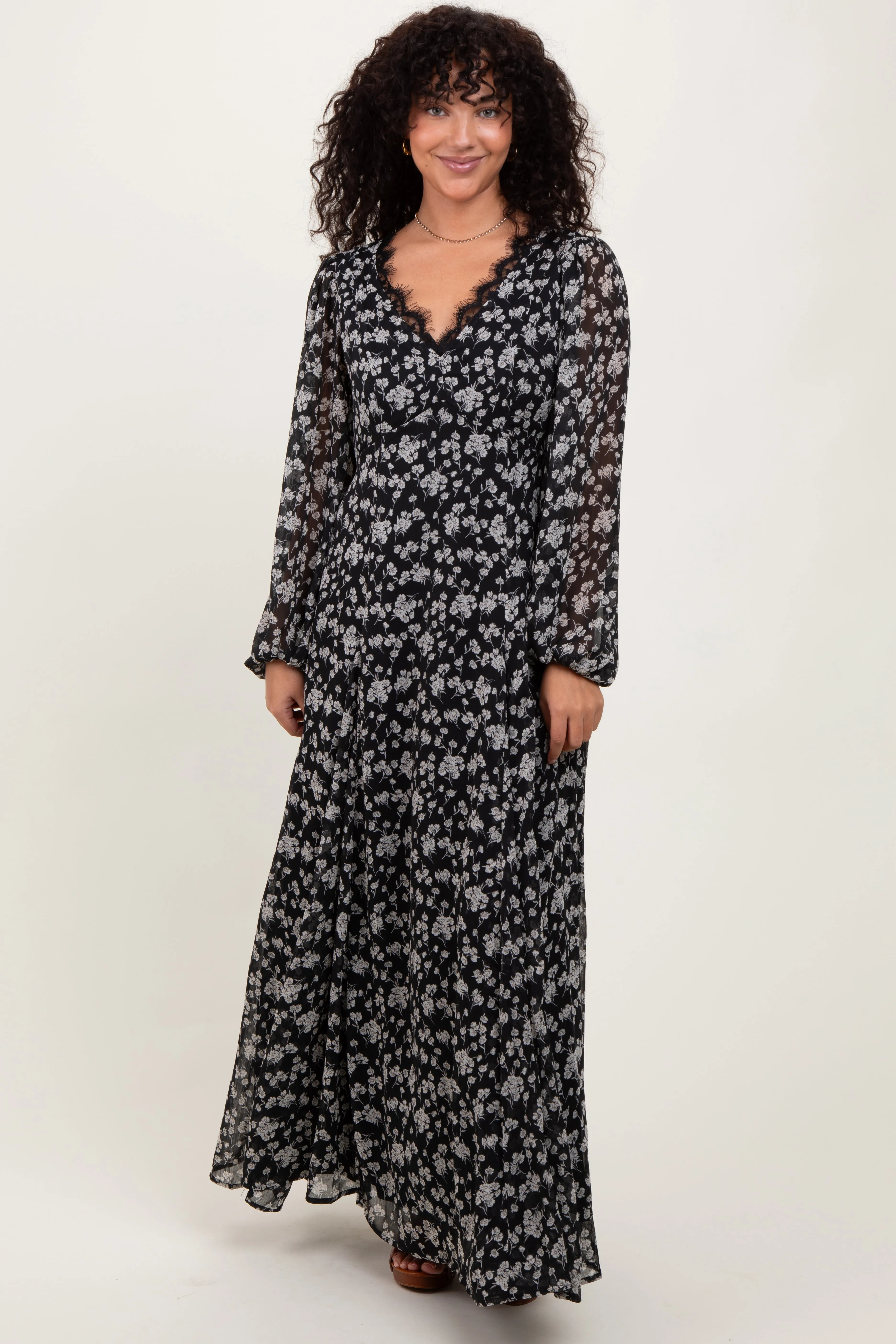 Black Floral Chiffon Lace Trim Back Tie Maxi Dress sold by Pinkblush