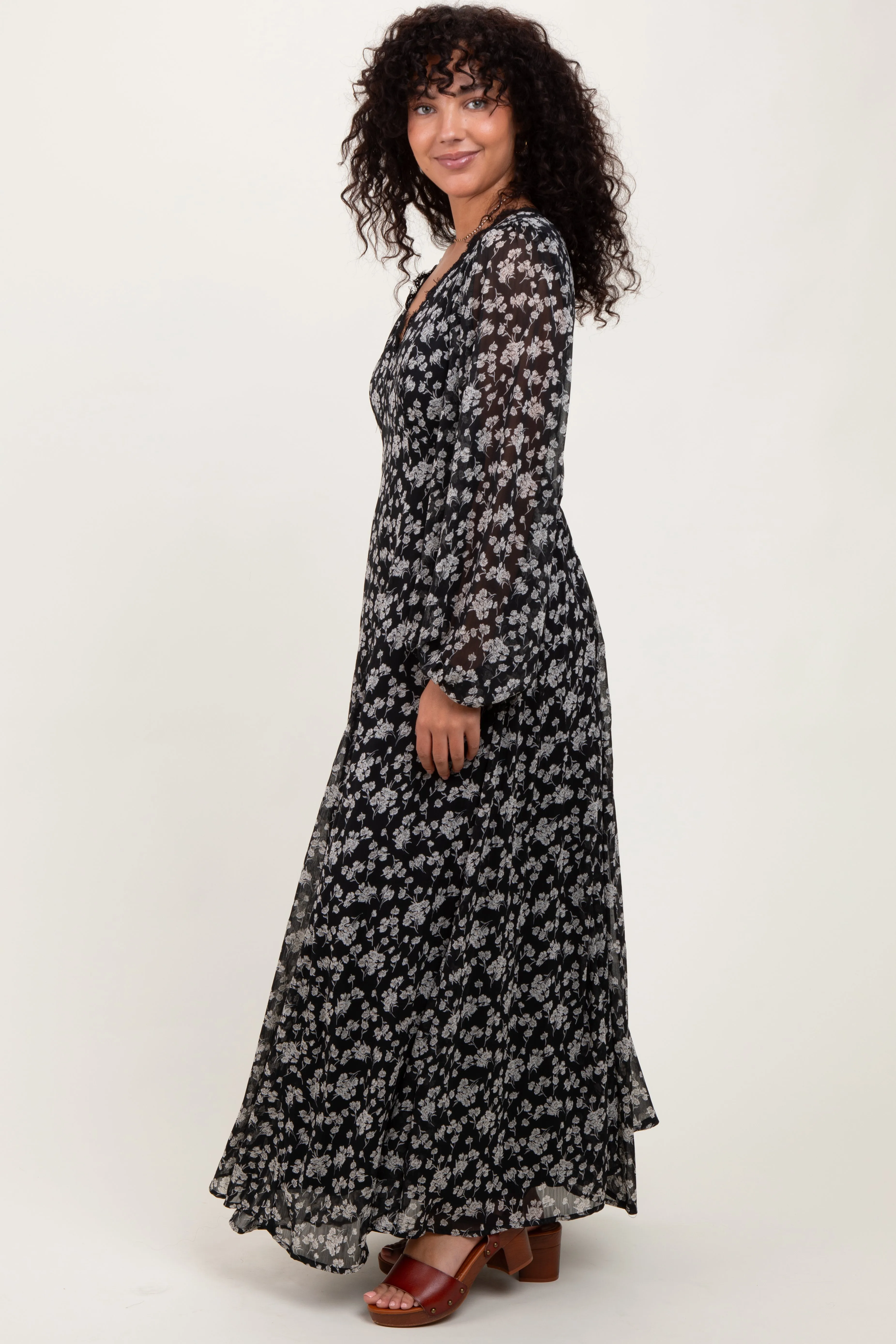 Black Floral Chiffon Lace Trim Back Tie Maxi Dress sold by Pinkblush product image thumbnail 2