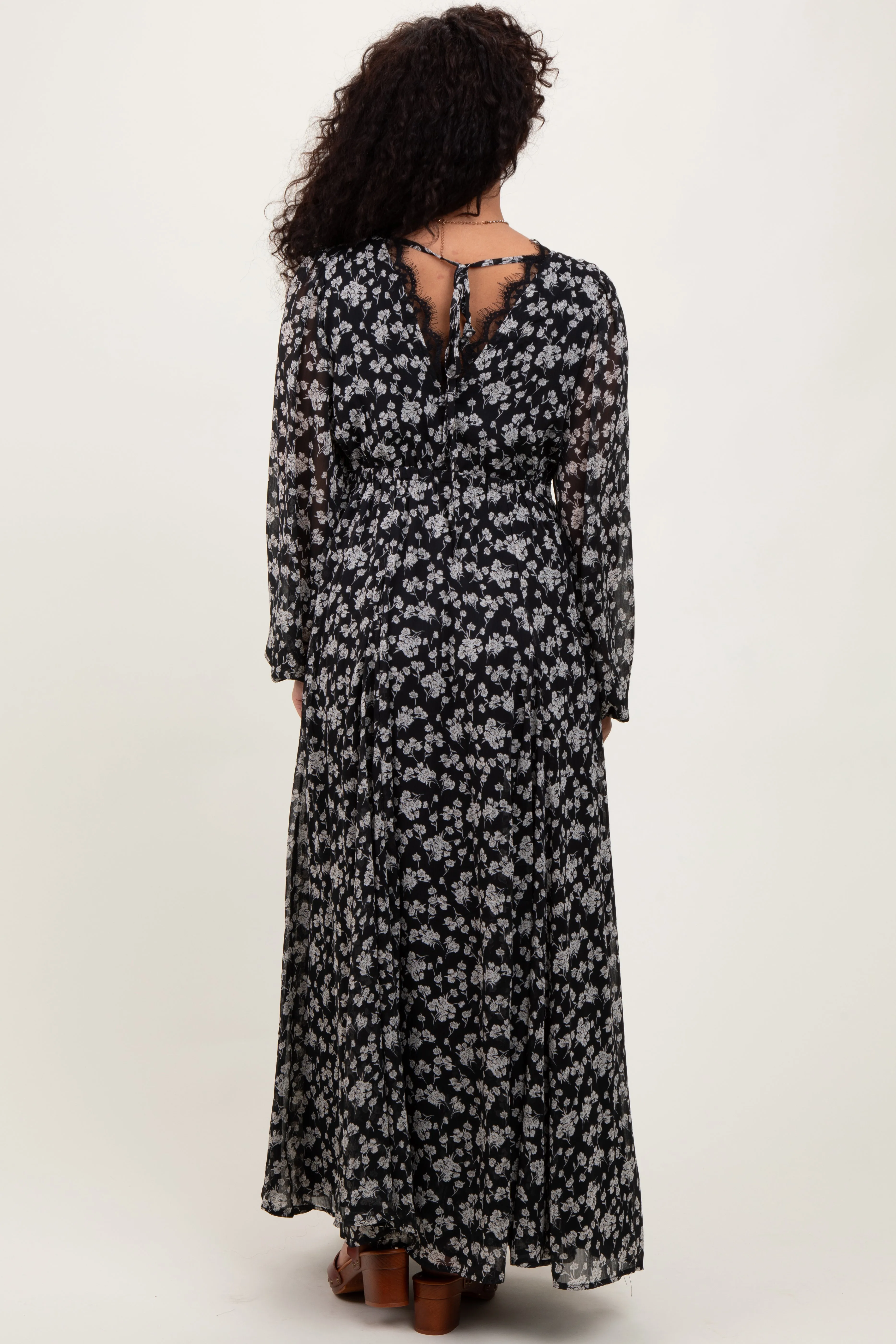 Black Floral Chiffon Lace Trim Back Tie Maxi Dress sold by Pinkblush product image thumbnail 3