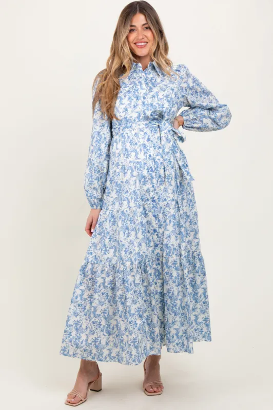 Light Blue Cotton Toile Print Button Down Maternity Maxi Dress sold by Pinkblush
