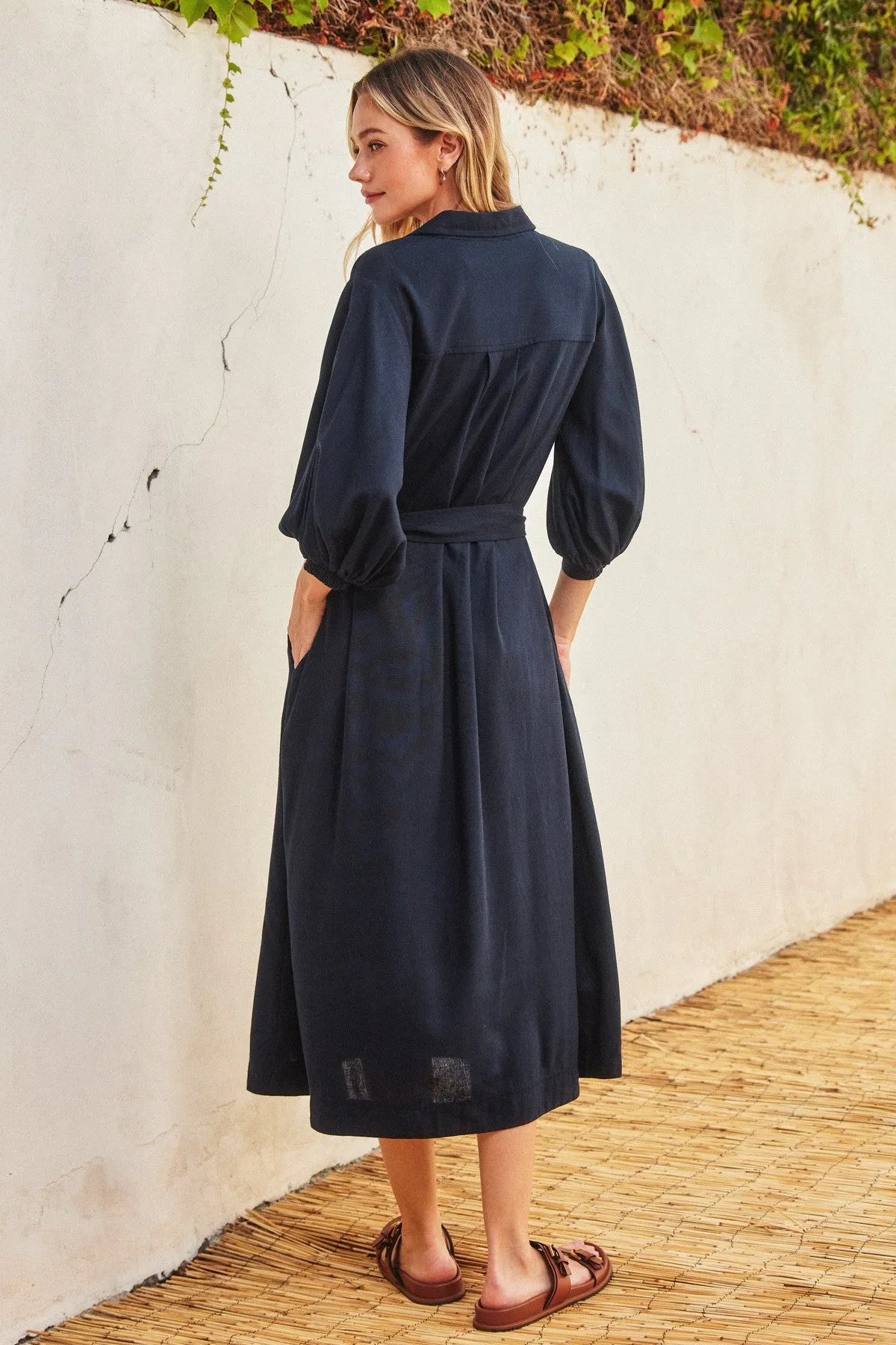 Navy 3/4 Bubble Sleeve Midi Shirt Dress sold by Pinkblush product image thumbnail 3