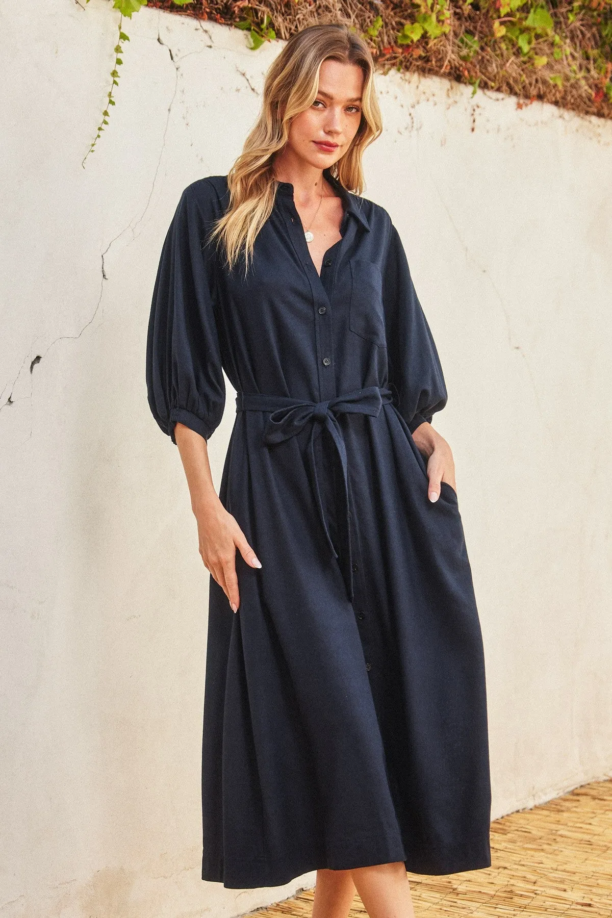 Navy 3/4 Bubble Sleeve Midi Shirt Dress sold by Pinkblush product image thumbnail 4