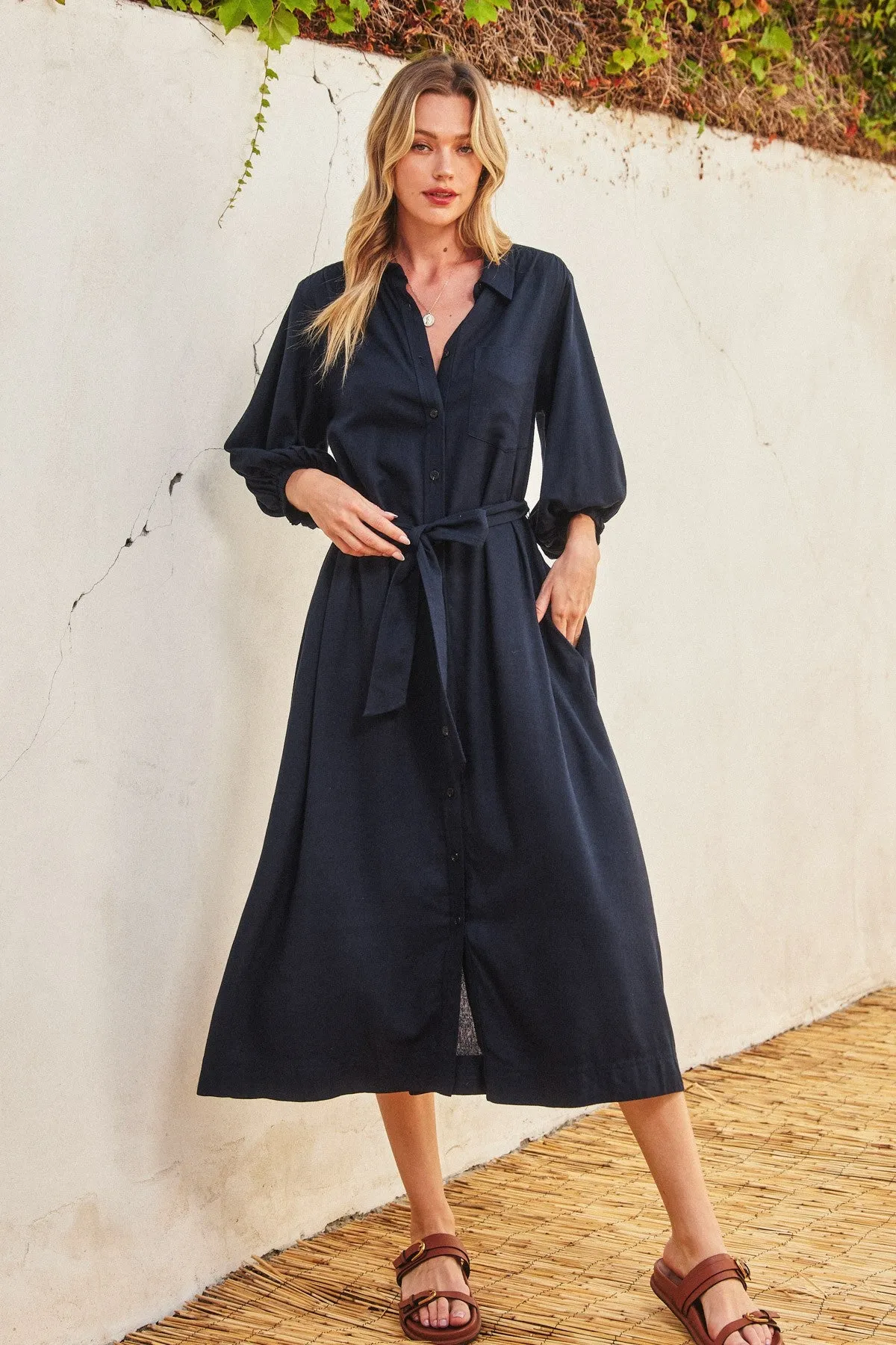 Navy 3/4 Bubble Sleeve Midi Shirt Dress sold by Pinkblush