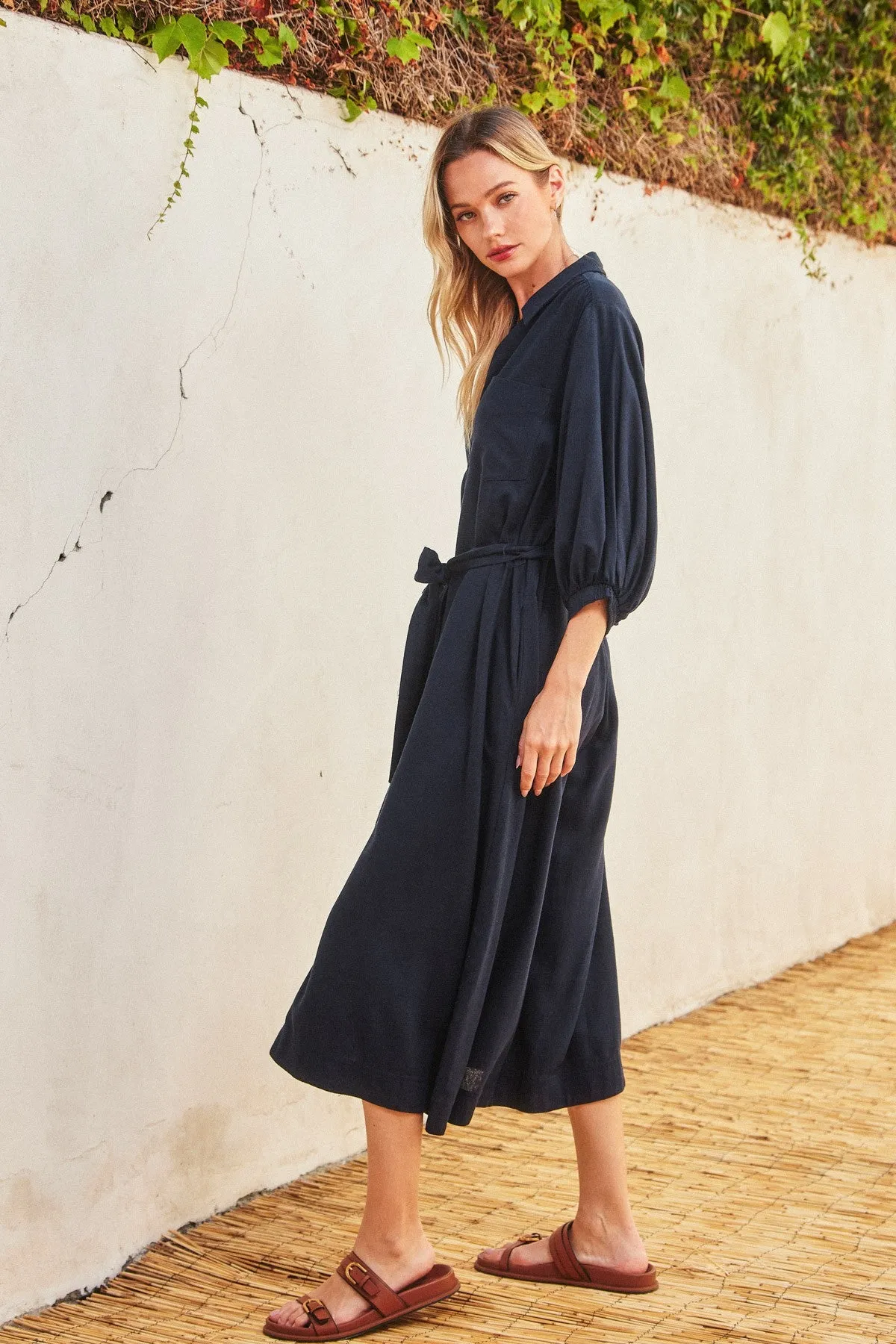 Navy 3/4 Bubble Sleeve Midi Shirt Dress sold by Pinkblush product image thumbnail 2