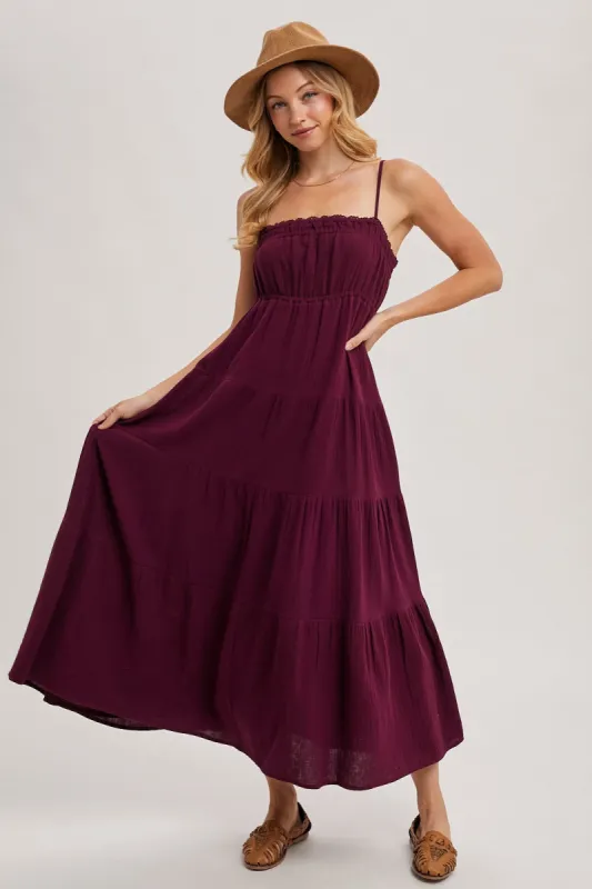Plum Crochet Trim Tiered Maxi Dress sold by Pinkblush