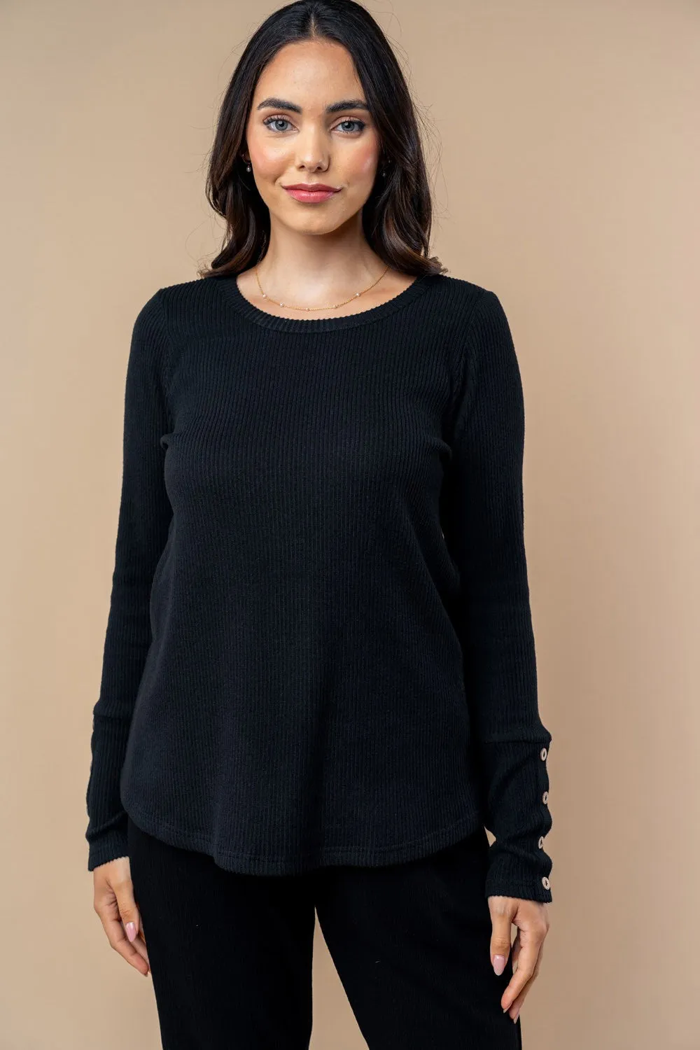 Black Ribbed Knit Button Detail Long Sleeve Top sold by Pinkblush