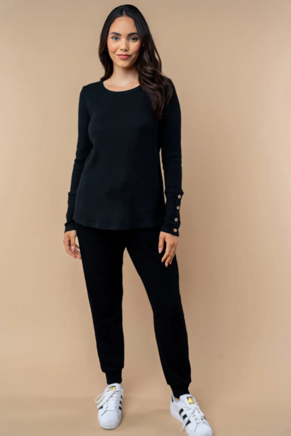 Black Ribbed Knit Button Detail Long Sleeve Top sold by Pinkblush product image thumbnail 5