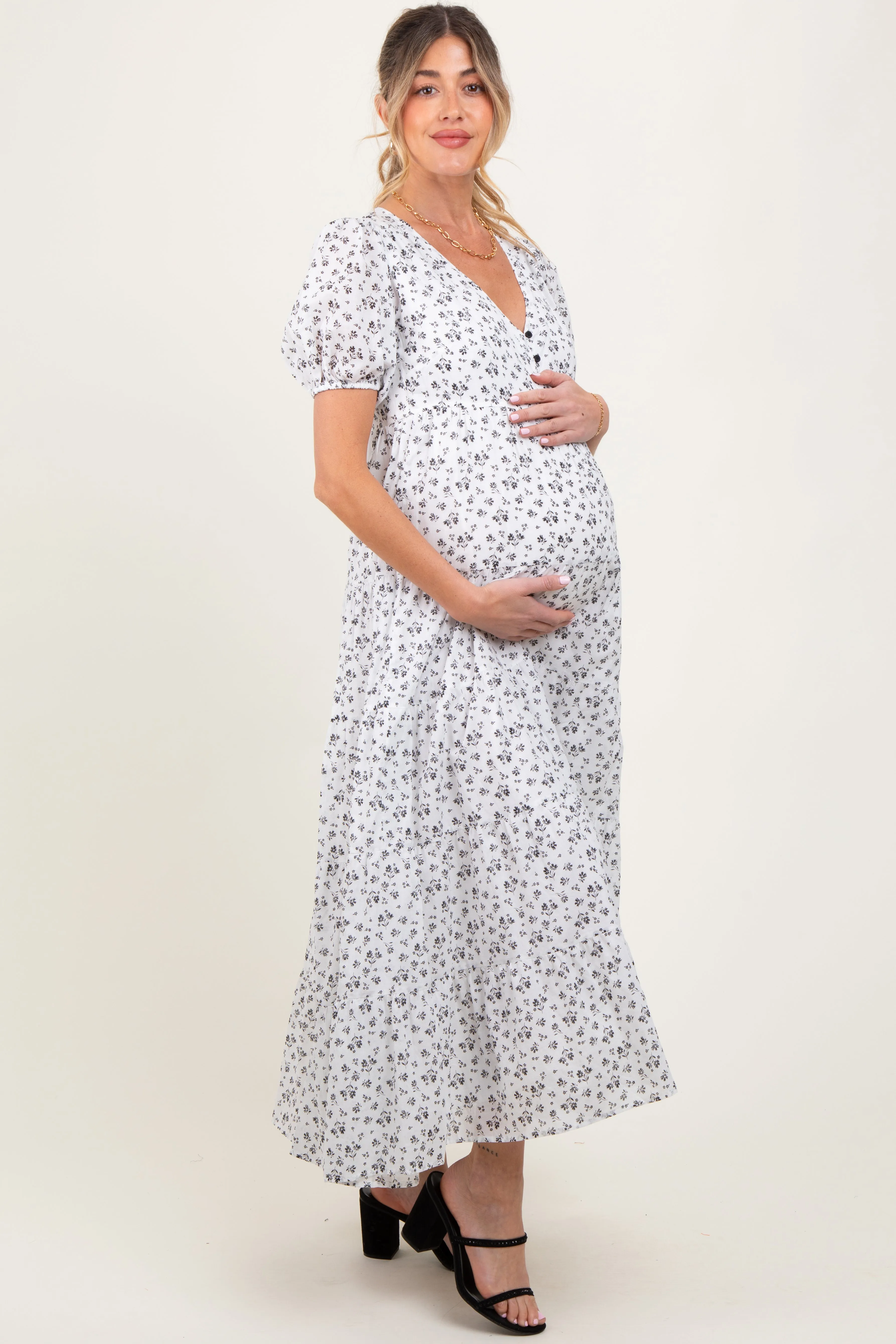 Ivory Tiered Floral Maternity Maxi Dress sold by Pinkblush product image thumbnail 3