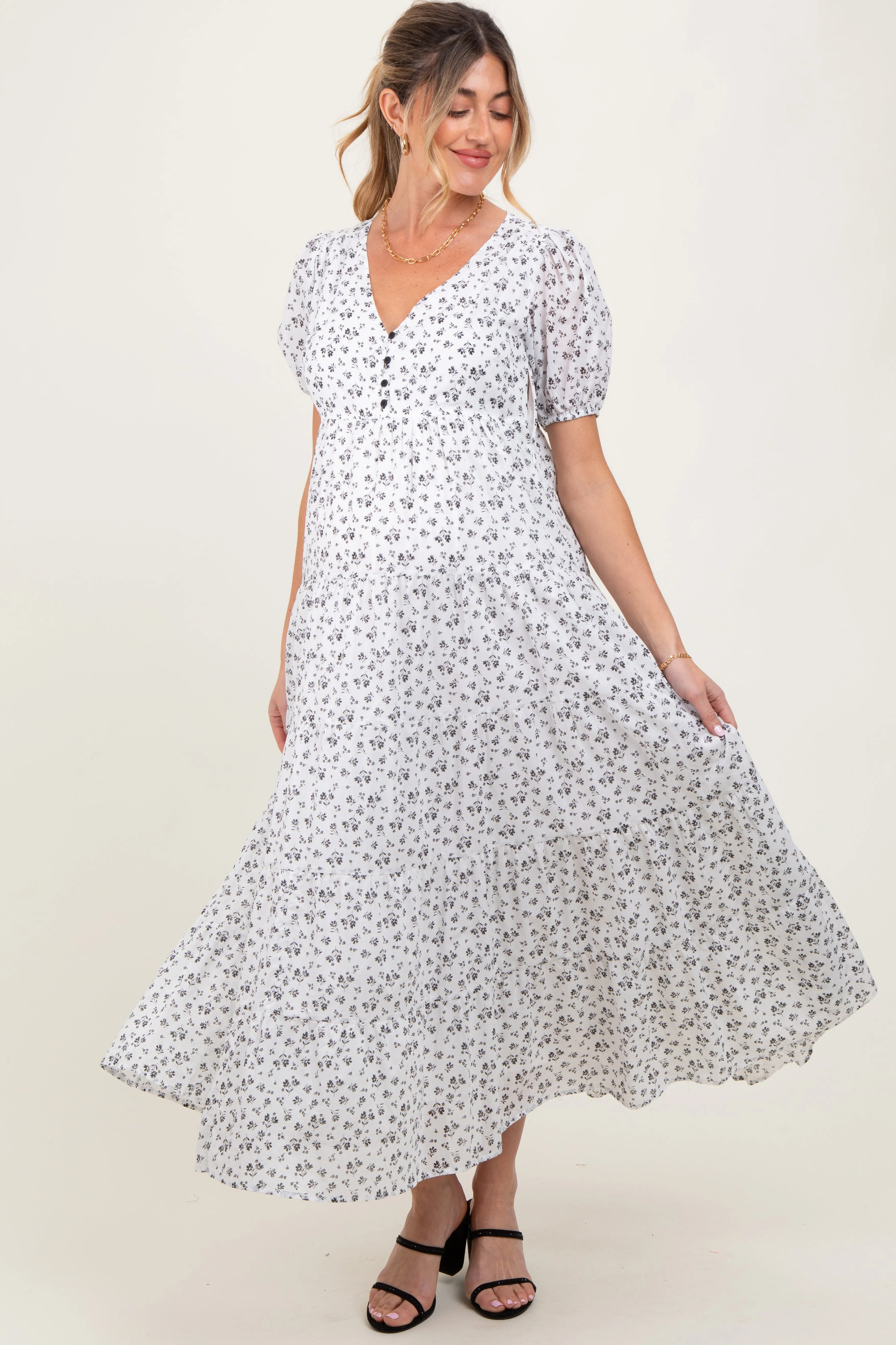 Ivory Tiered Floral Maternity Maxi Dress sold by Pinkblush