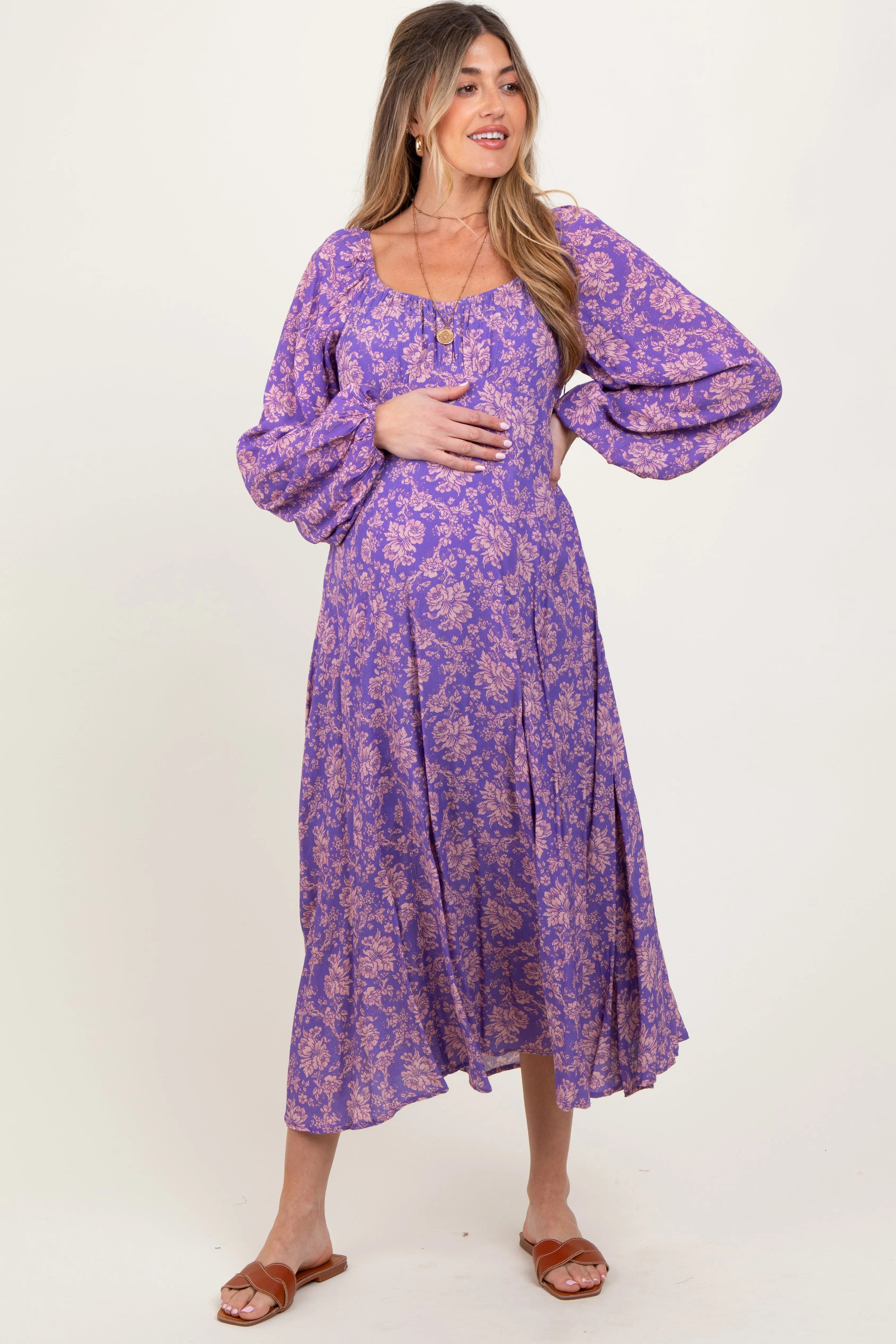 Purple Floral Long Sleeve Maternity Dress sold by Pinkblush