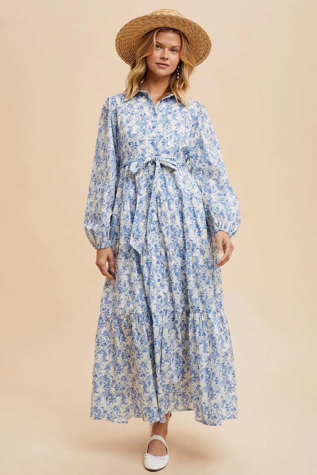 Light Blue Cotton Toile Print Button Down Maxi Dress sold by Pinkblush product image thumbnail 2