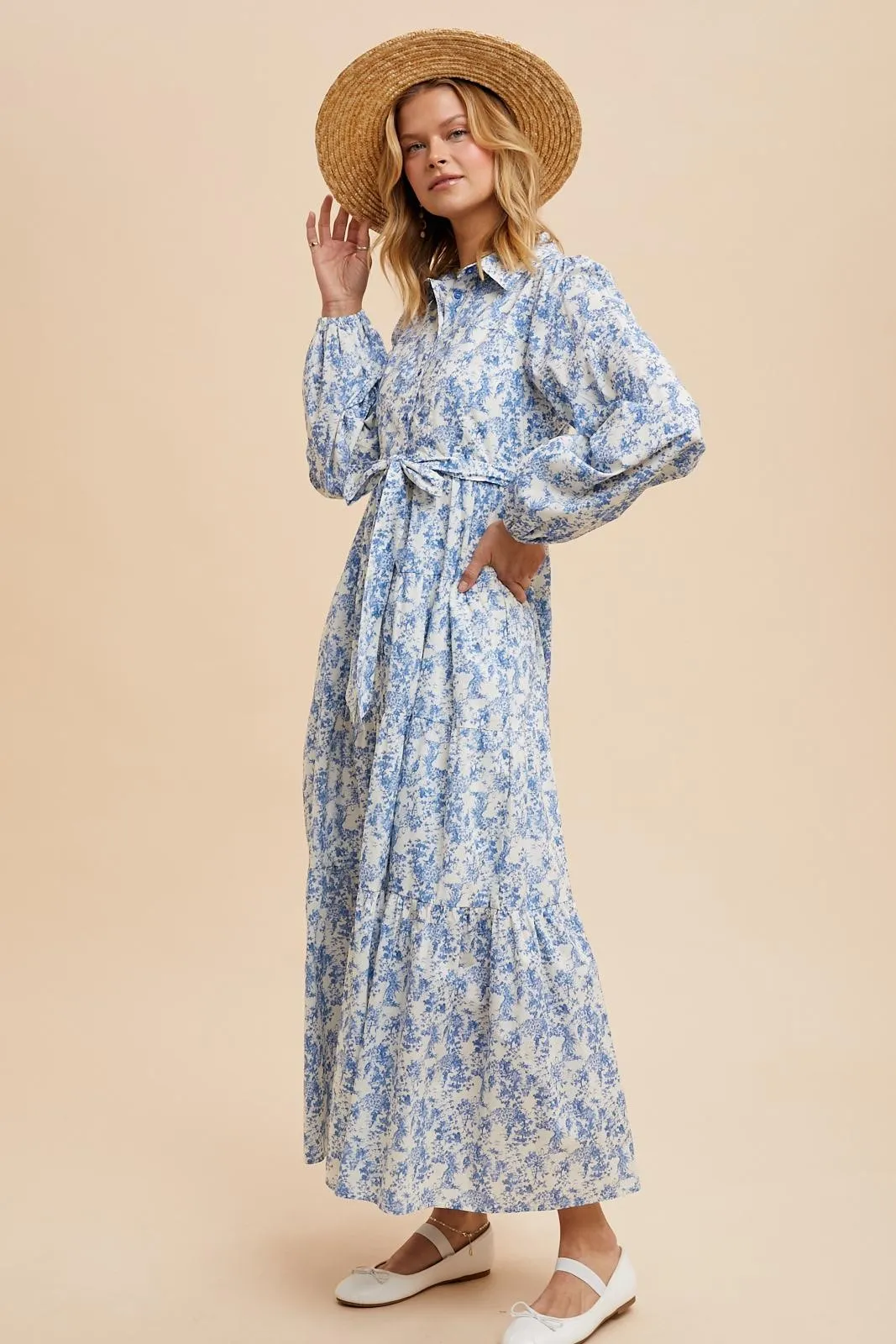 Light Blue Cotton Toile Print Button Down Maxi Dress sold by Pinkblush product image thumbnail 3