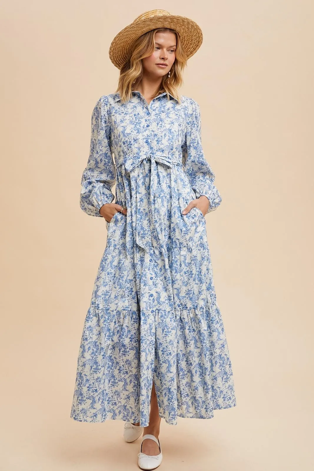 Light Blue Cotton Toile Print Button Down Maxi Dress sold by Pinkblush