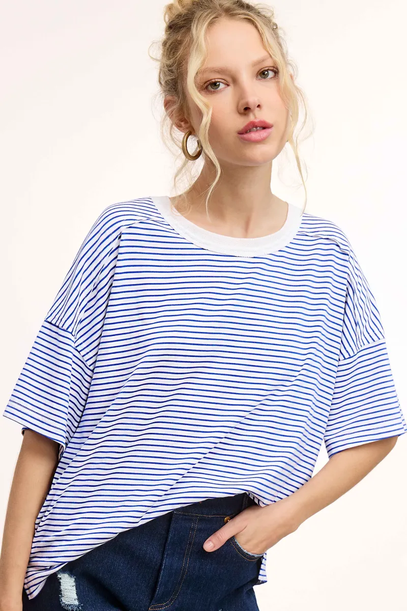 Royal Blue Striped Drop Shoulder Short Sleeve Top sold by Pinkblush