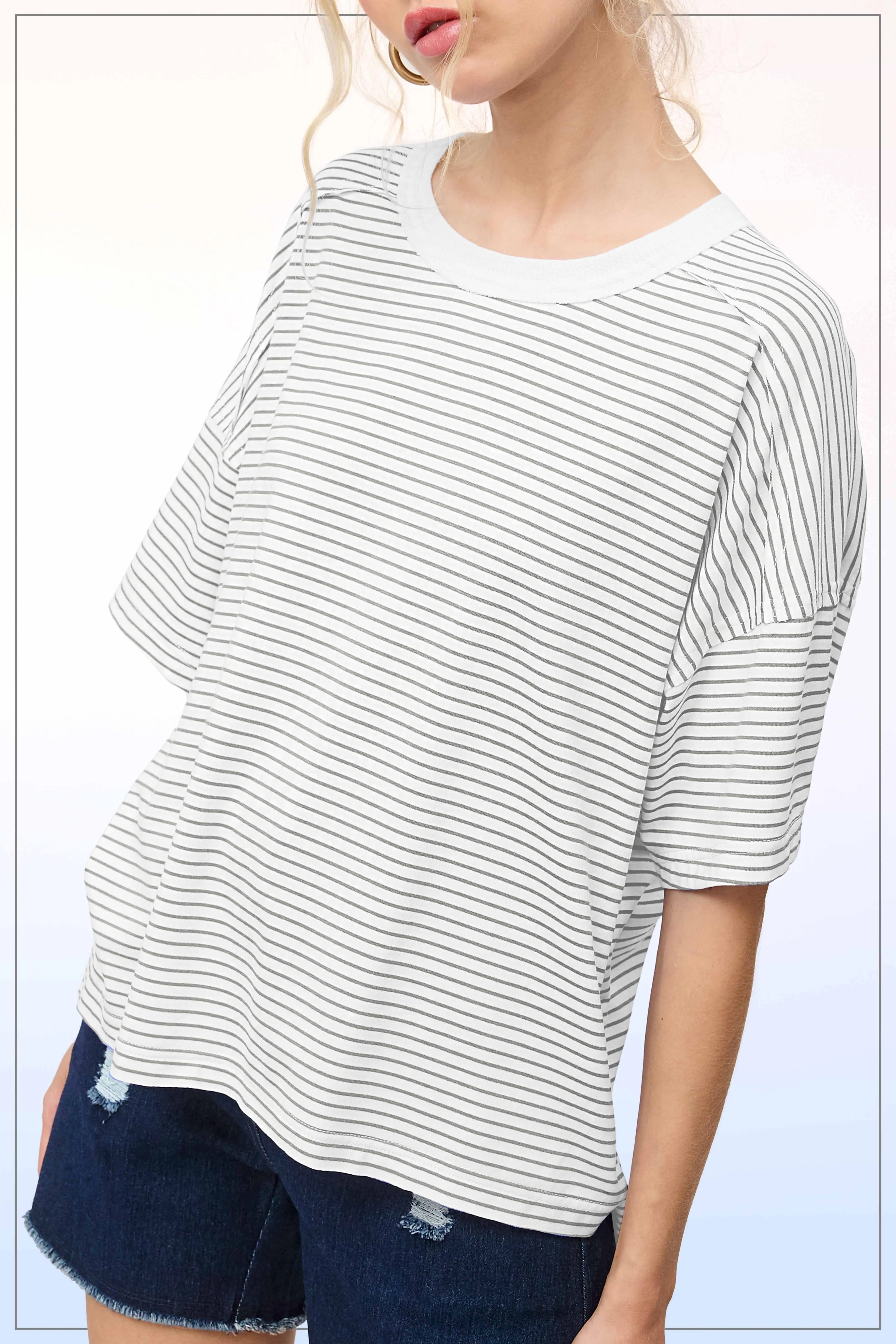Heather Grey Striped Drop Shoulder Short Sleeve Top sold by Pinkblush product image thumbnail 3