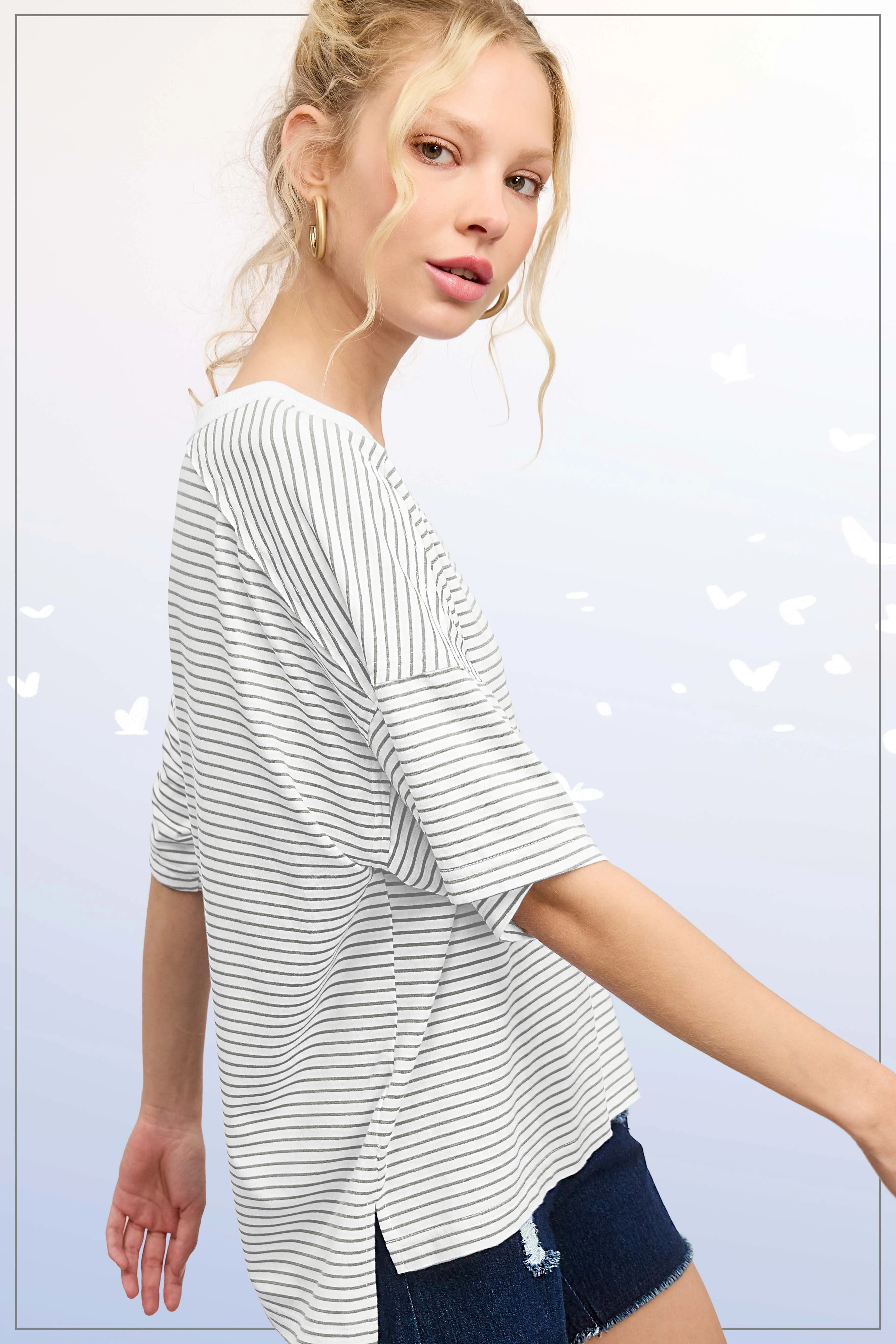 Heather Grey Striped Drop Shoulder Short Sleeve Top sold by Pinkblush product image thumbnail 2