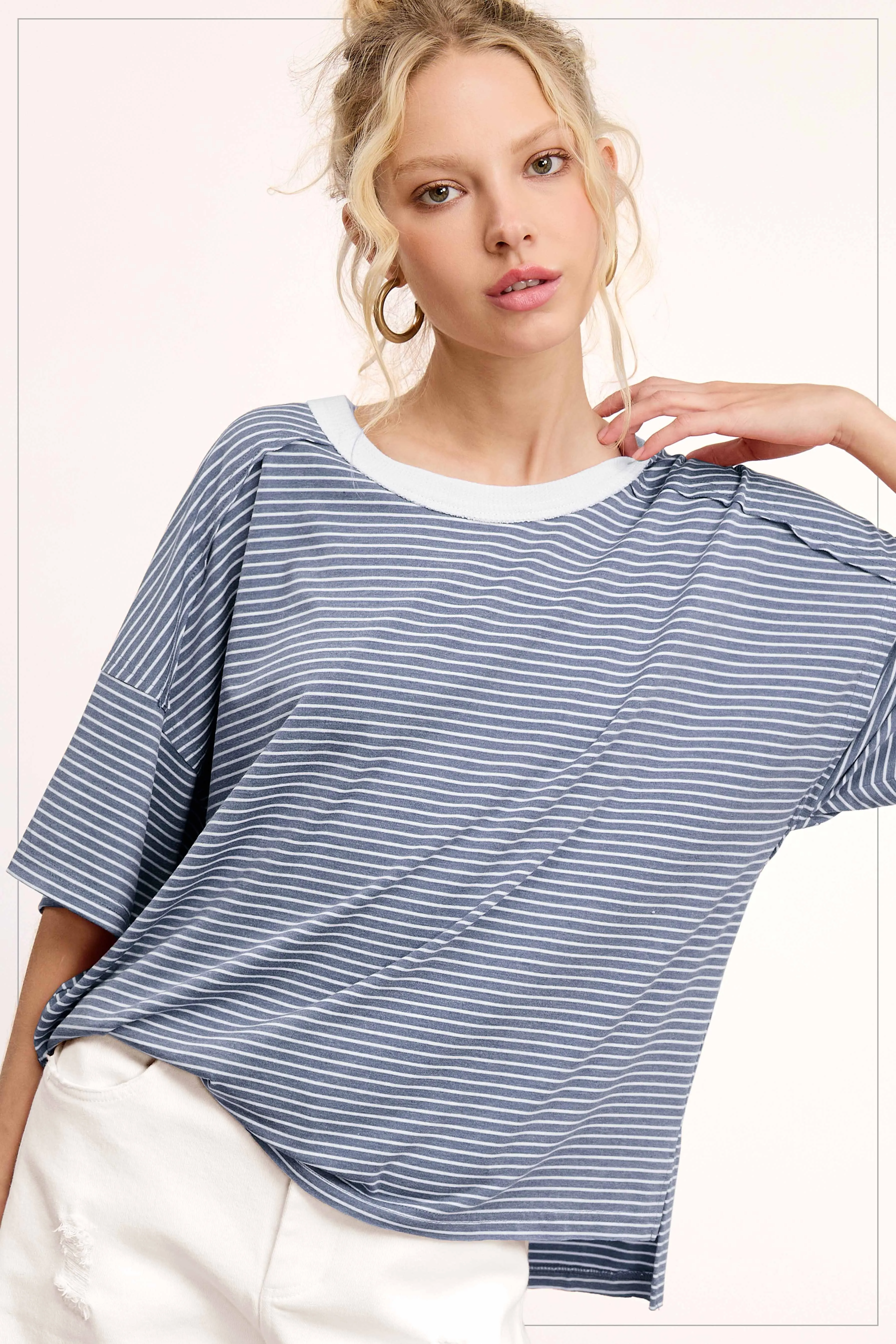 Light Navy Striped Drop Shoulder Short Sleeve Top sold by Pinkblush
