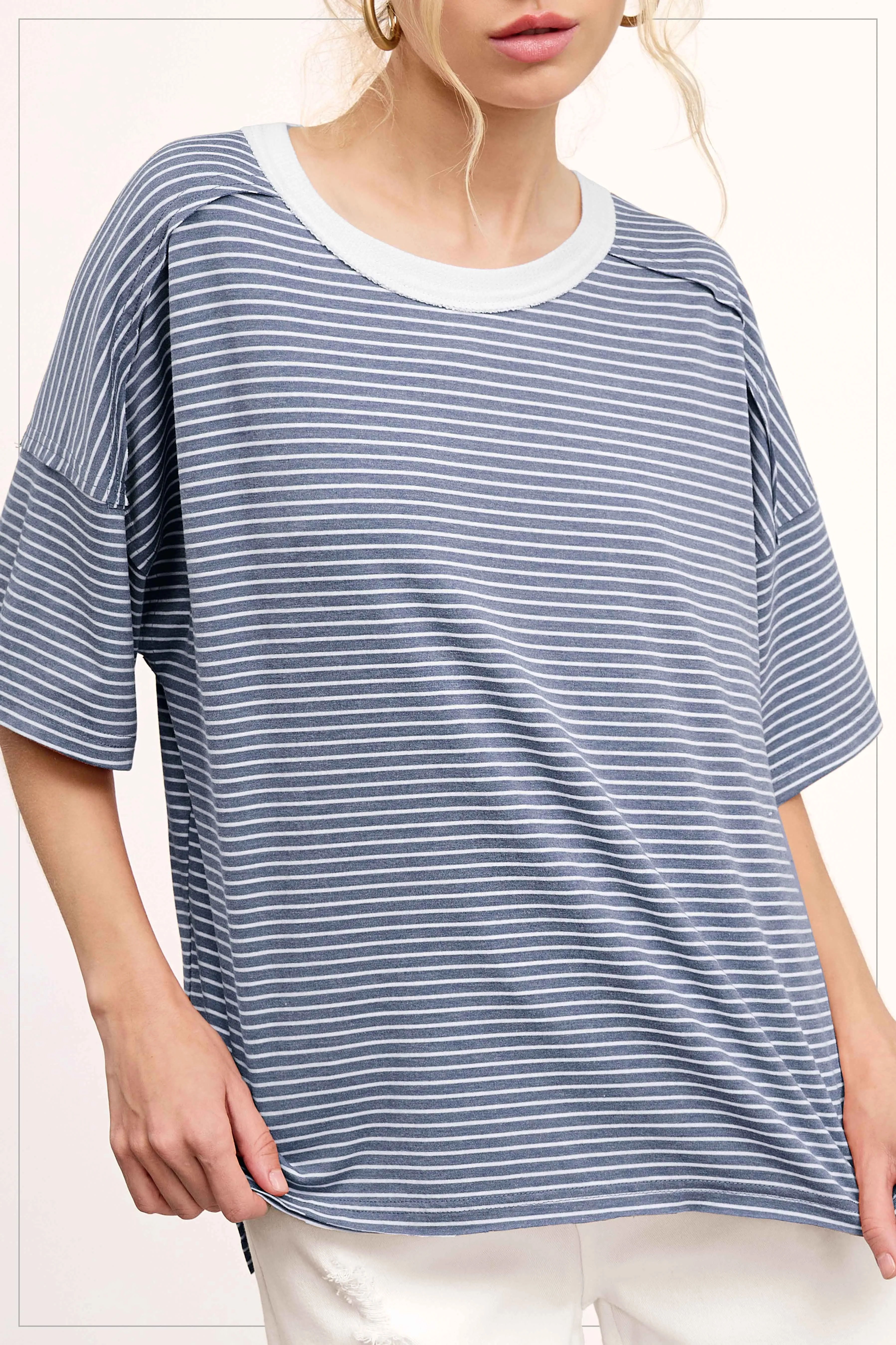Light Navy Striped Drop Shoulder Short Sleeve Top sold by Pinkblush product image thumbnail 2