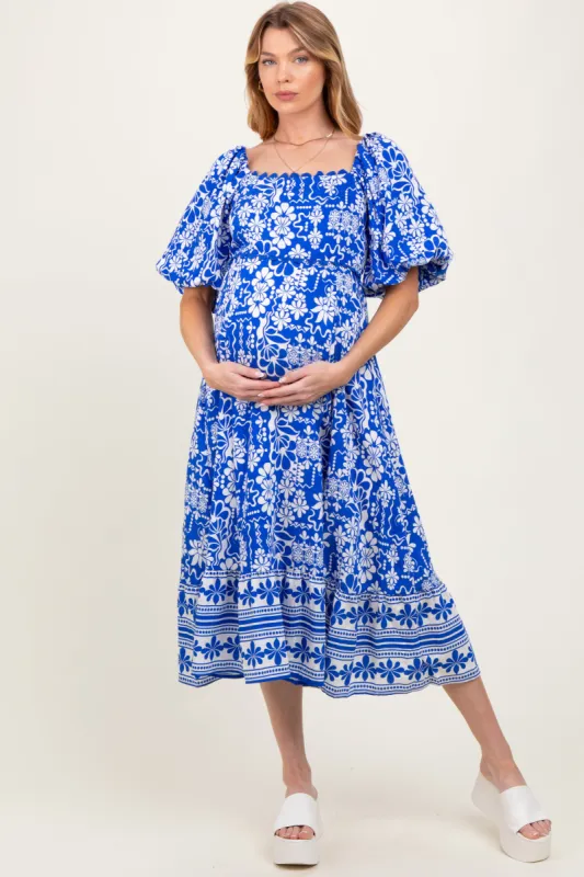 Blue Floral Scallop Trim Maternity Midi Dress sold by Pinkblush