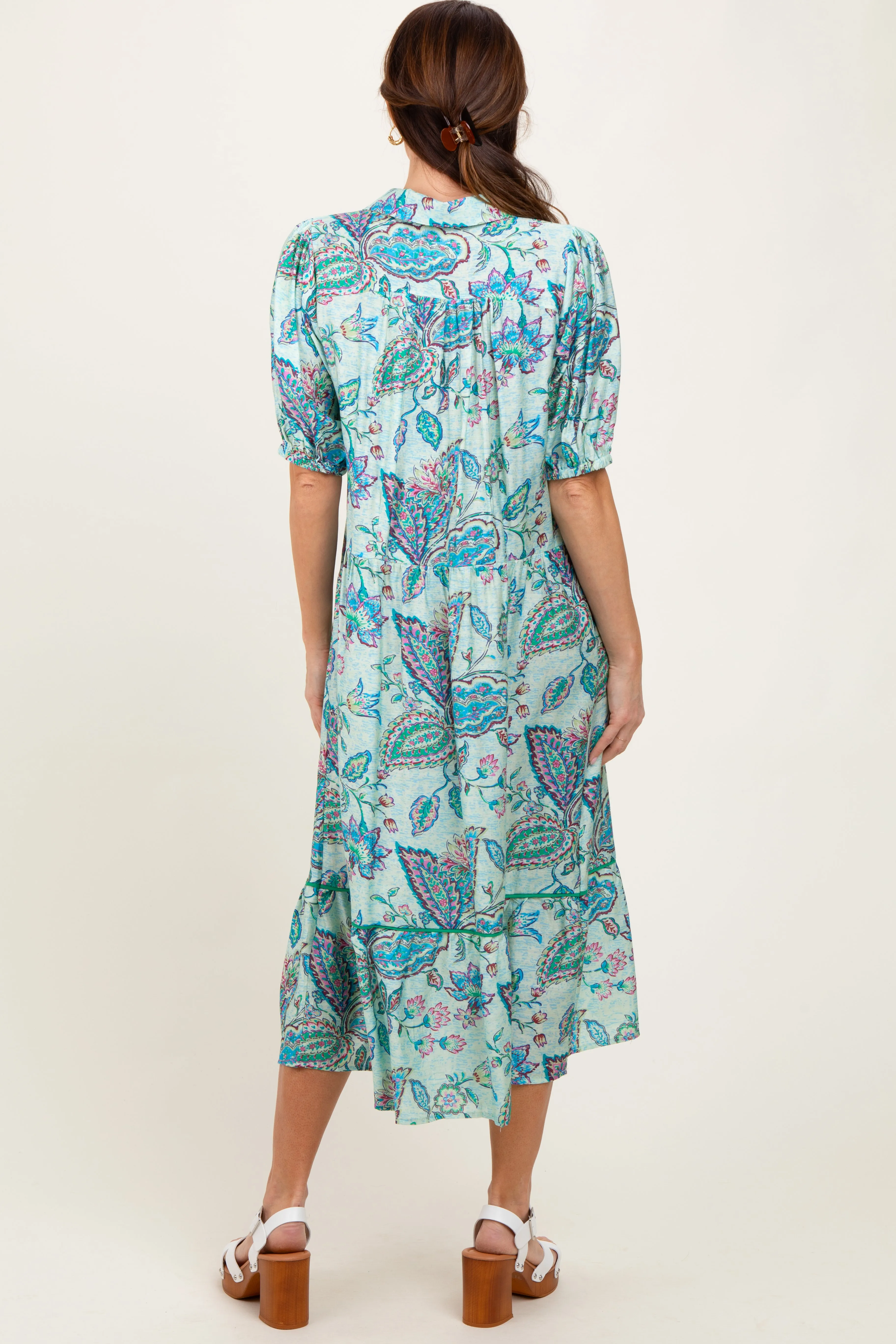 Aqua Paisley Collared Ruffle Hem Midi Dress sold by Pinkblush product image thumbnail 3