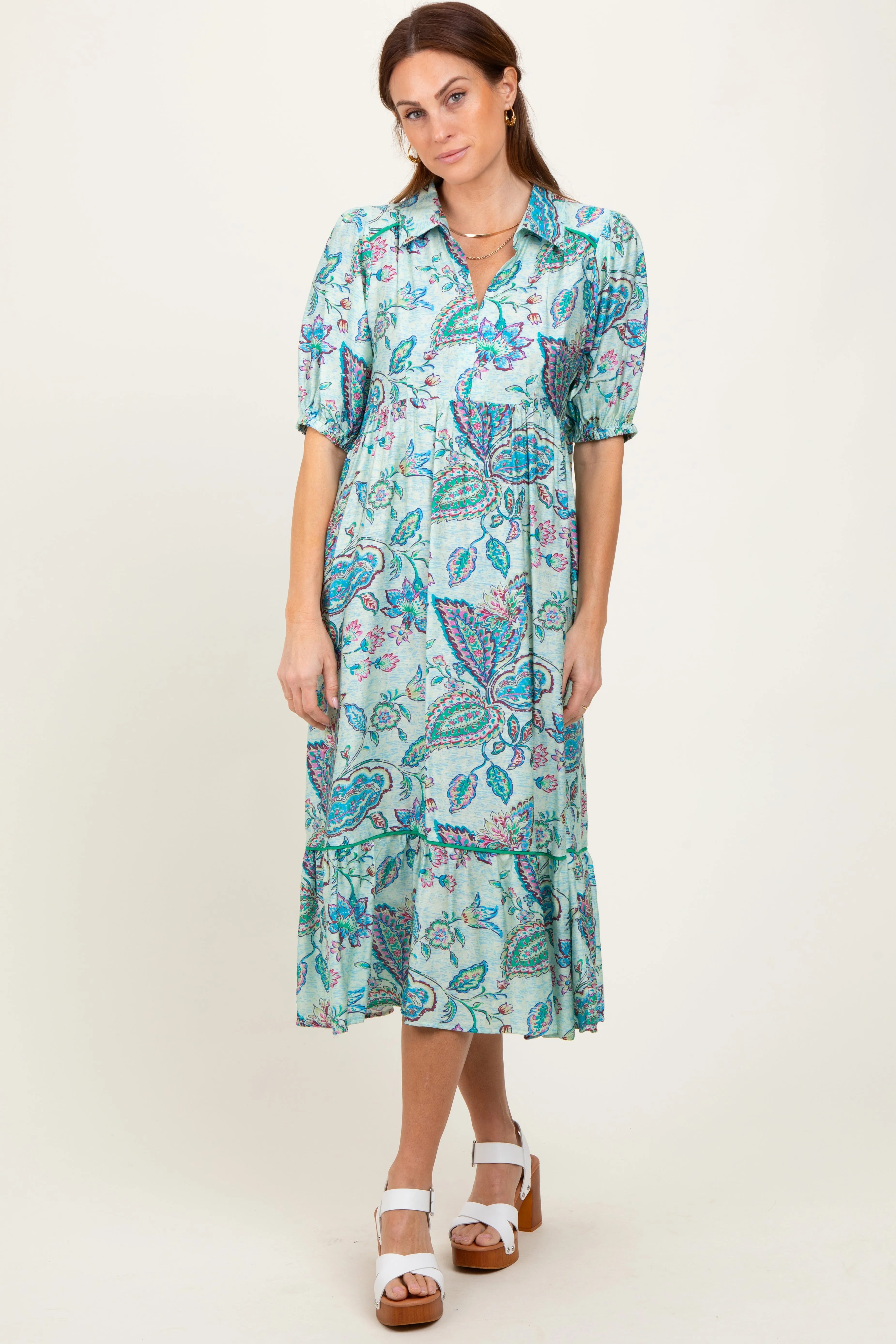 Aqua Paisley Collared Ruffle Hem Midi Dress sold by Pinkblush