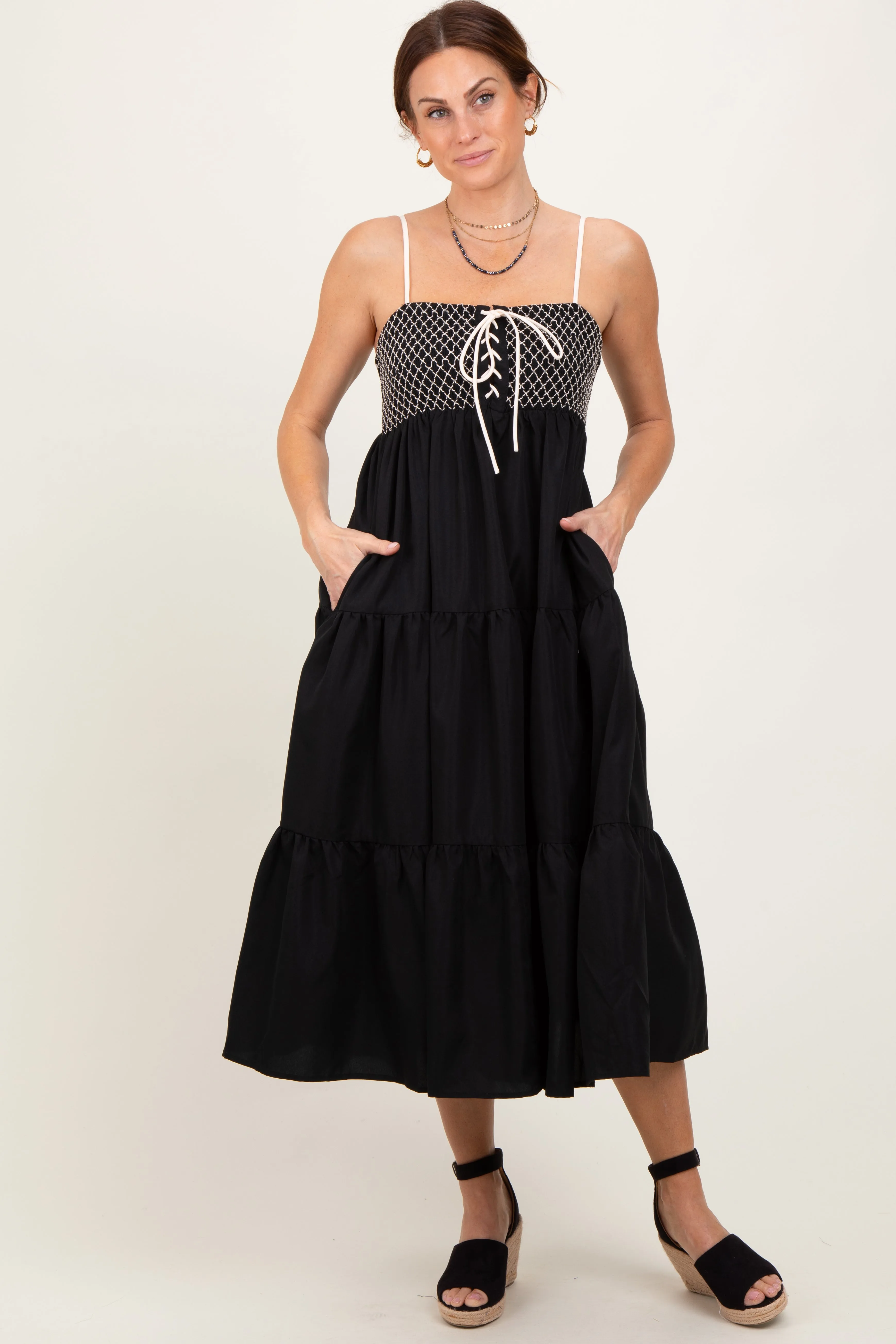 Black Lace Up Smocked Bodice Tiered Midi Dress sold by Pinkblush
