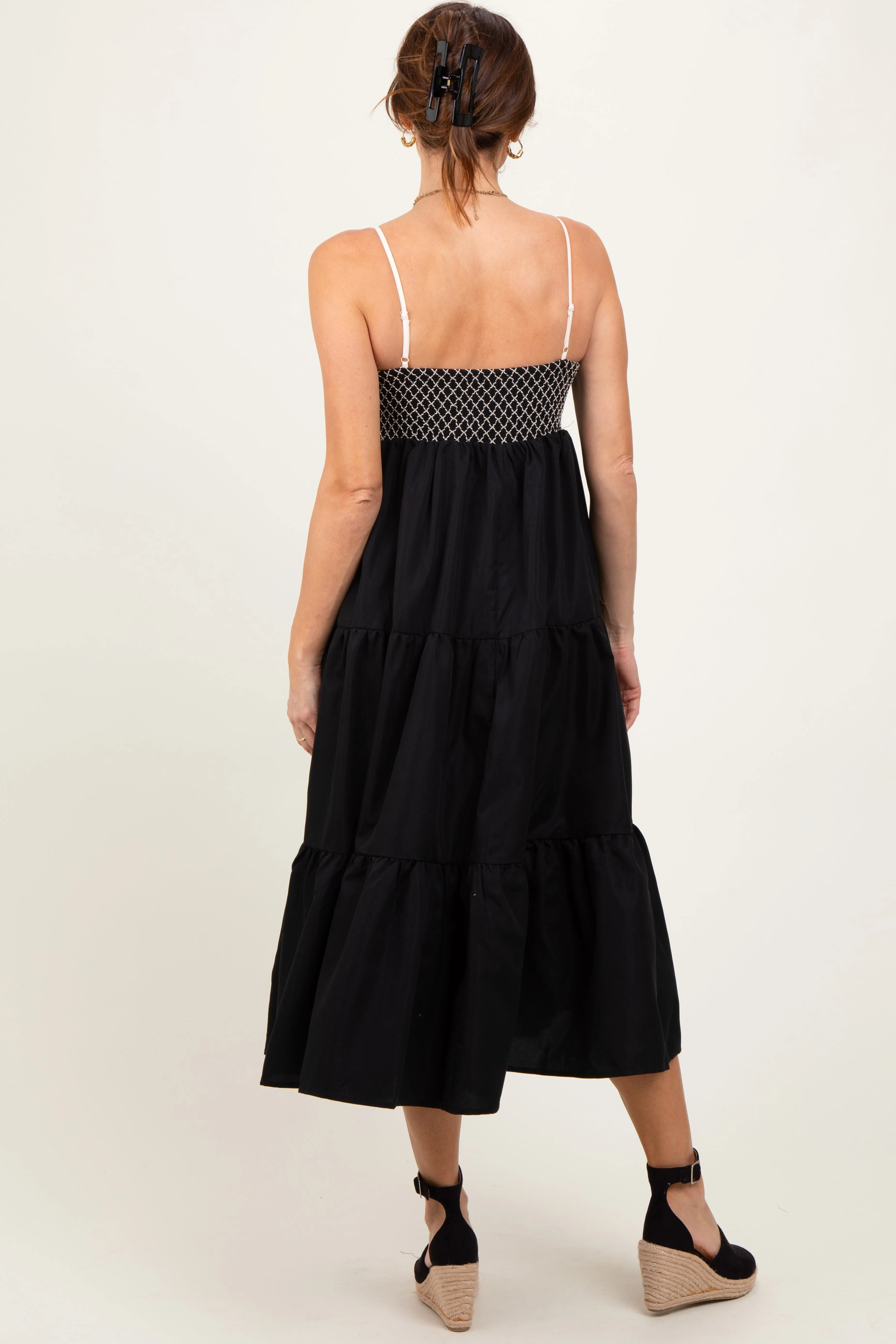Black Lace Up Smocked Bodice Tiered Midi Dress sold by Pinkblush product image thumbnail 2