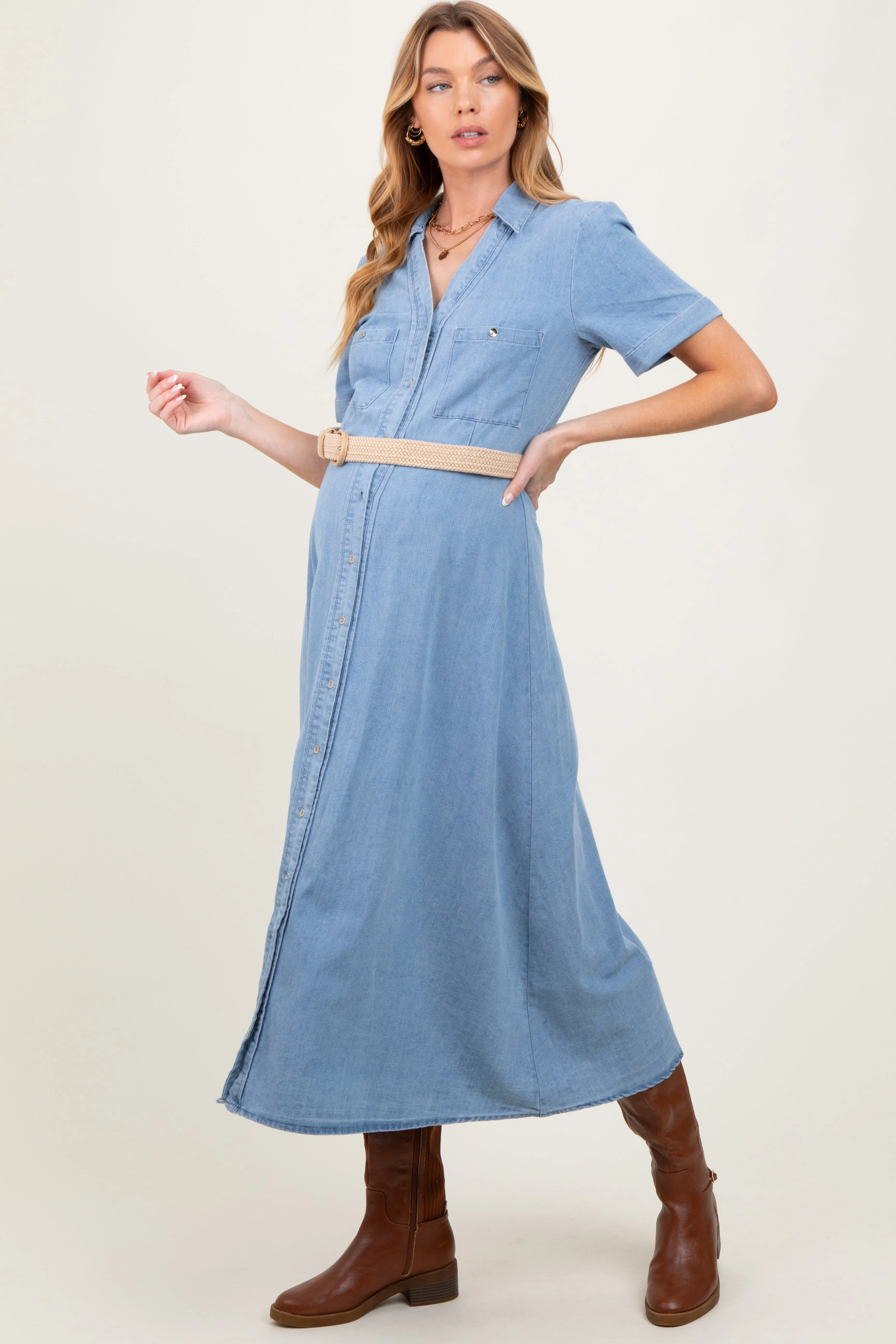Light Blue Chambray Button Down Maternity Midi Shirt Dress sold by Pinkblush