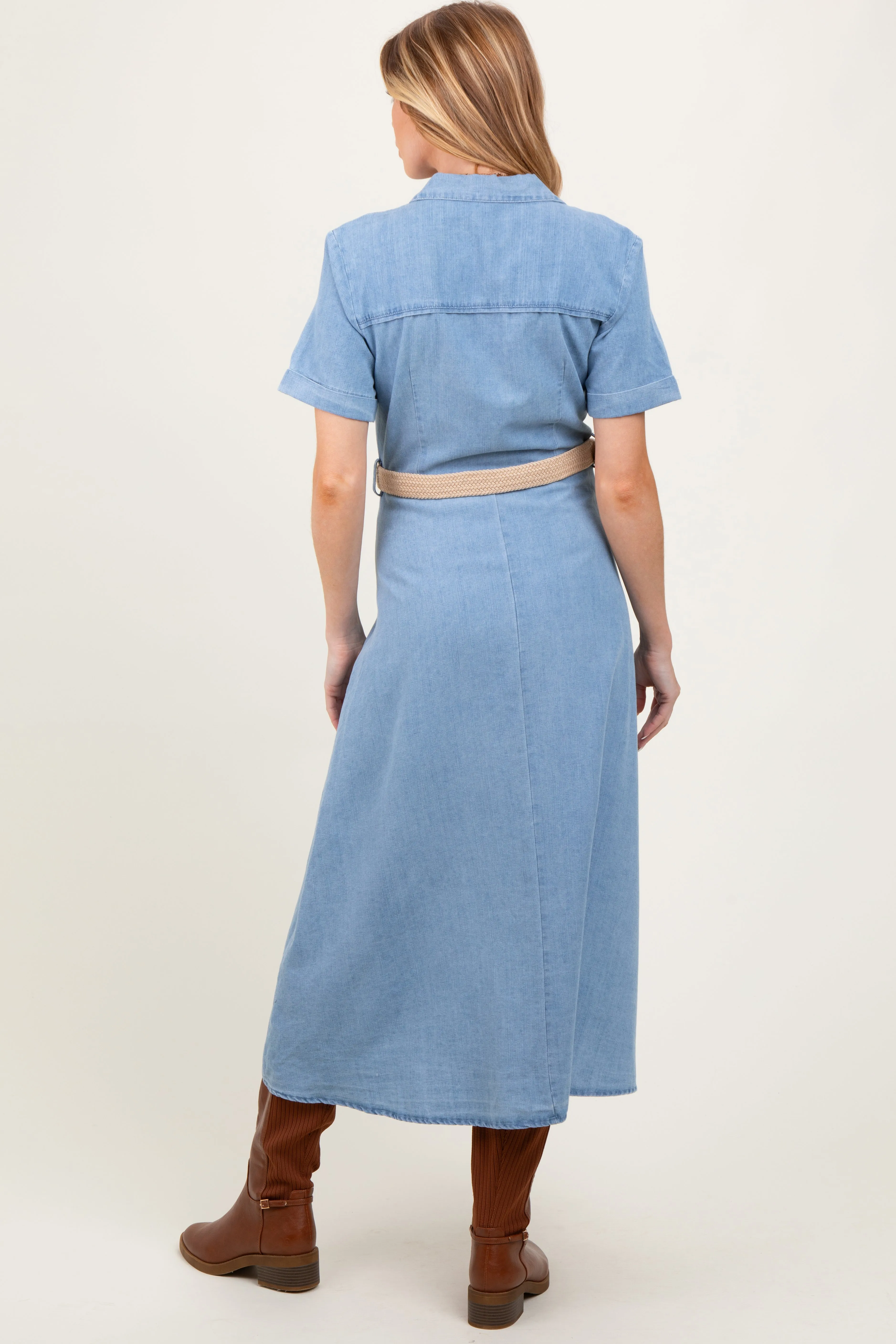 Light Blue Chambray Button Down Maternity Midi Shirt Dress sold by Pinkblush product image thumbnail 2