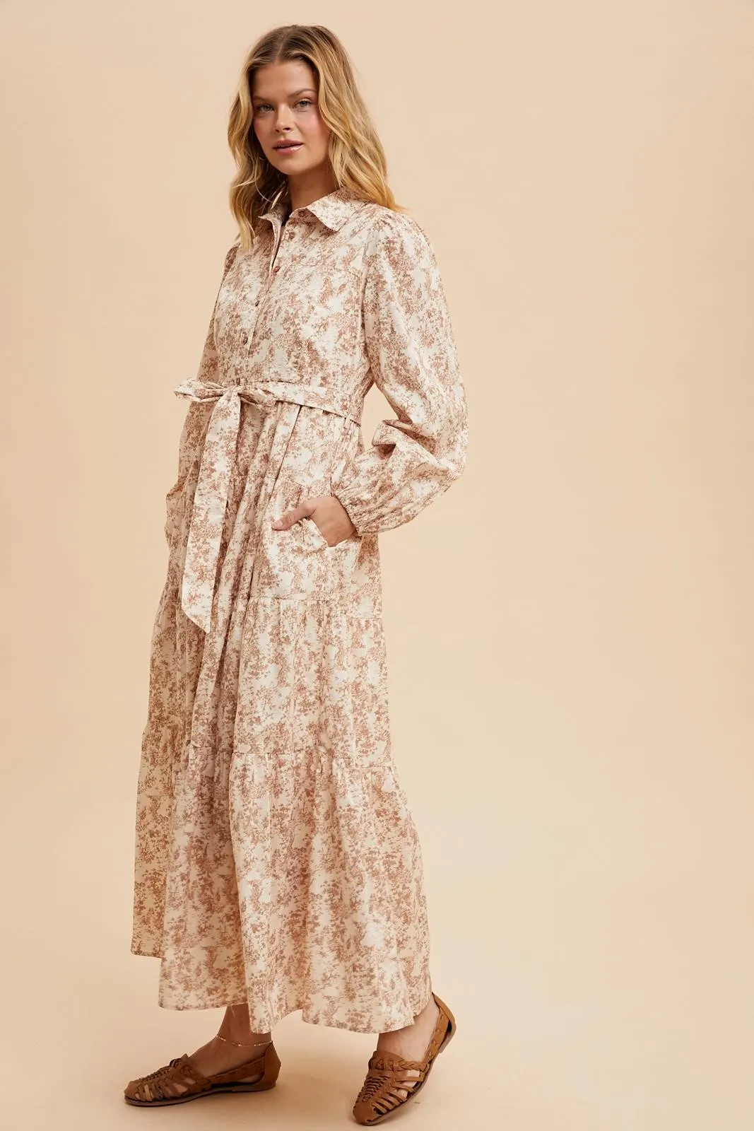 Mocha Cotton Toile Print Button Down Maxi Dress sold by Pinkblush product image thumbnail 3