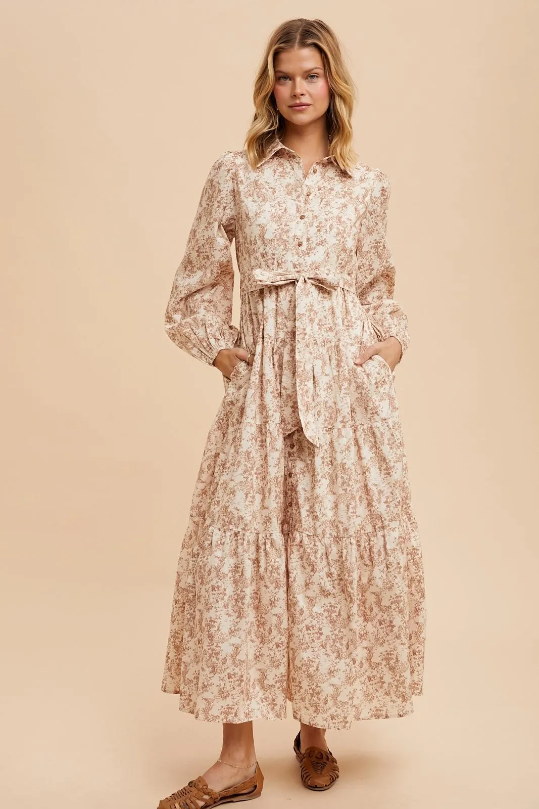Mocha Cotton Toile Print Button Down Maxi Dress sold by Pinkblush