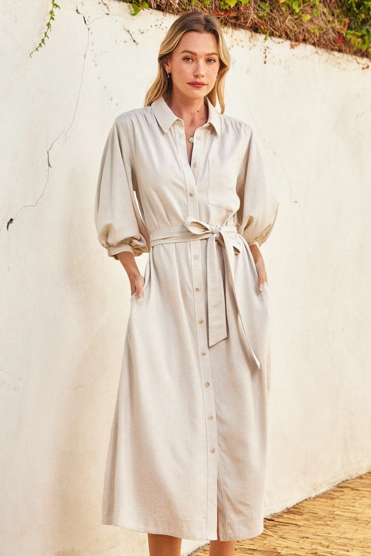 Beige 3/4 Bubble Sleeve Midi Shirt Dress sold by Pinkblush product image thumbnail 4