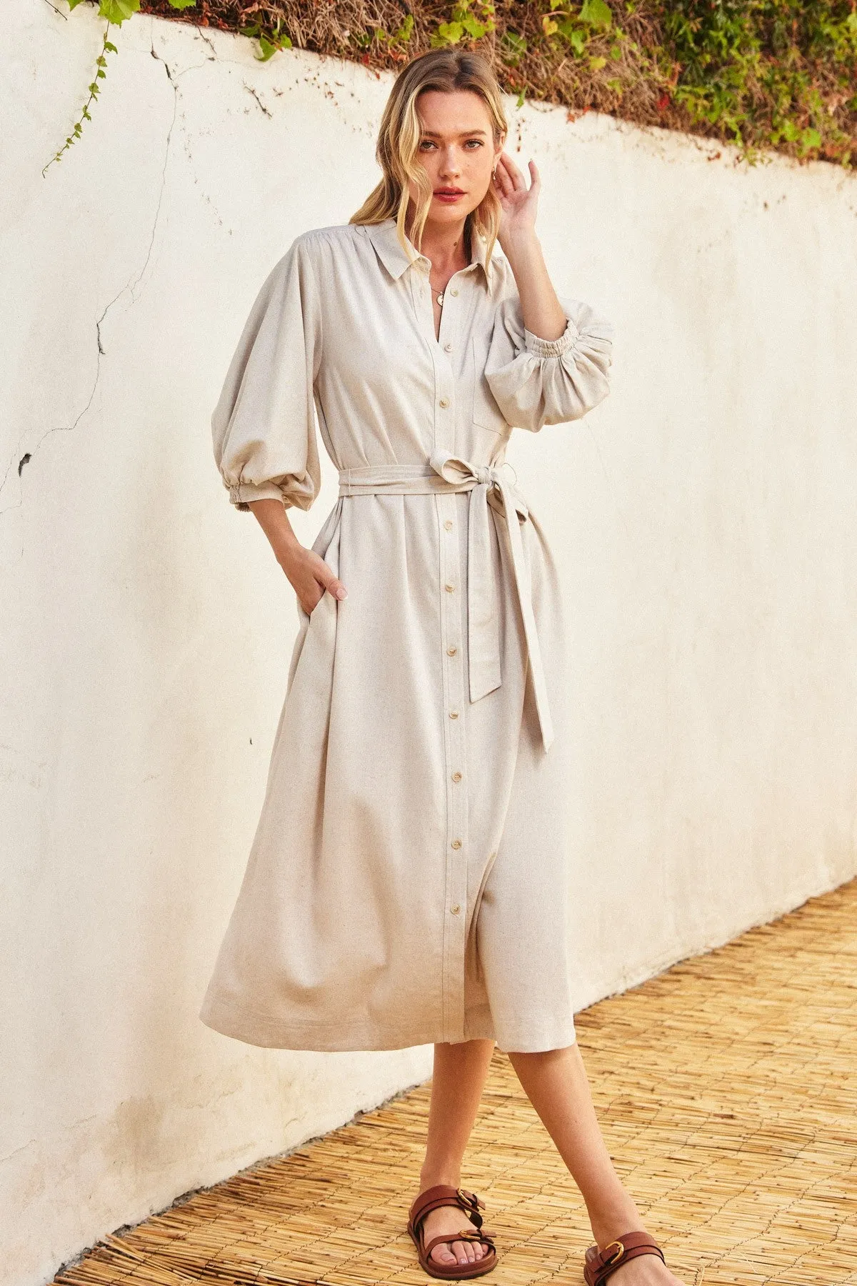 Beige 3/4 Bubble Sleeve Midi Shirt Dress sold by Pinkblush