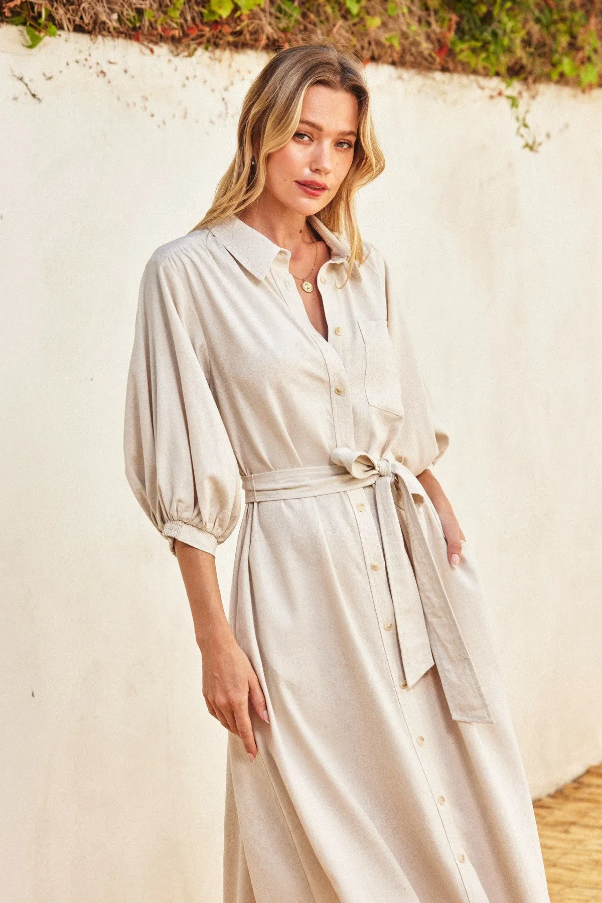 Beige 3/4 Bubble Sleeve Midi Shirt Dress sold by Pinkblush product image thumbnail 5
