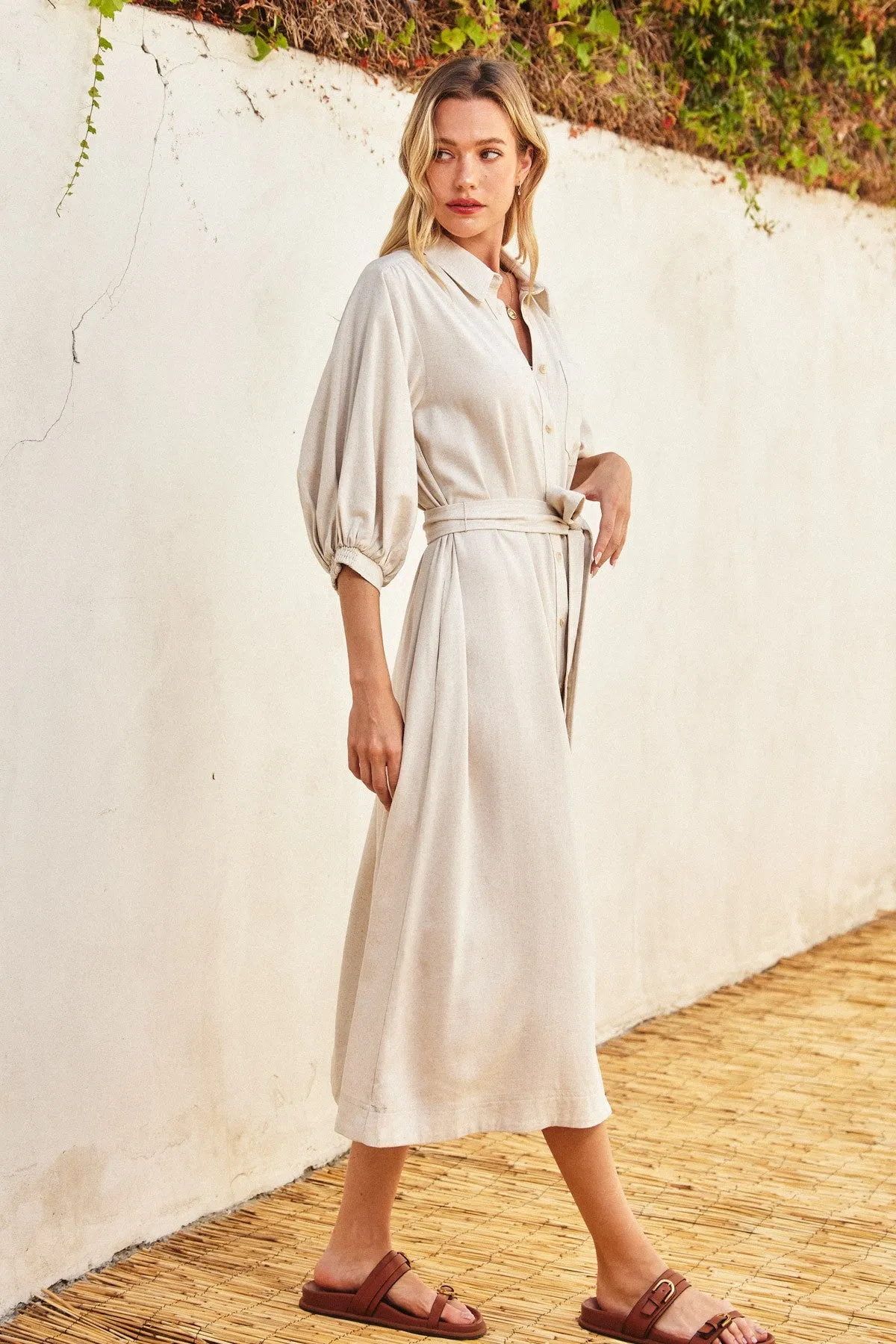 Beige 3/4 Bubble Sleeve Midi Shirt Dress sold by Pinkblush product image thumbnail 2