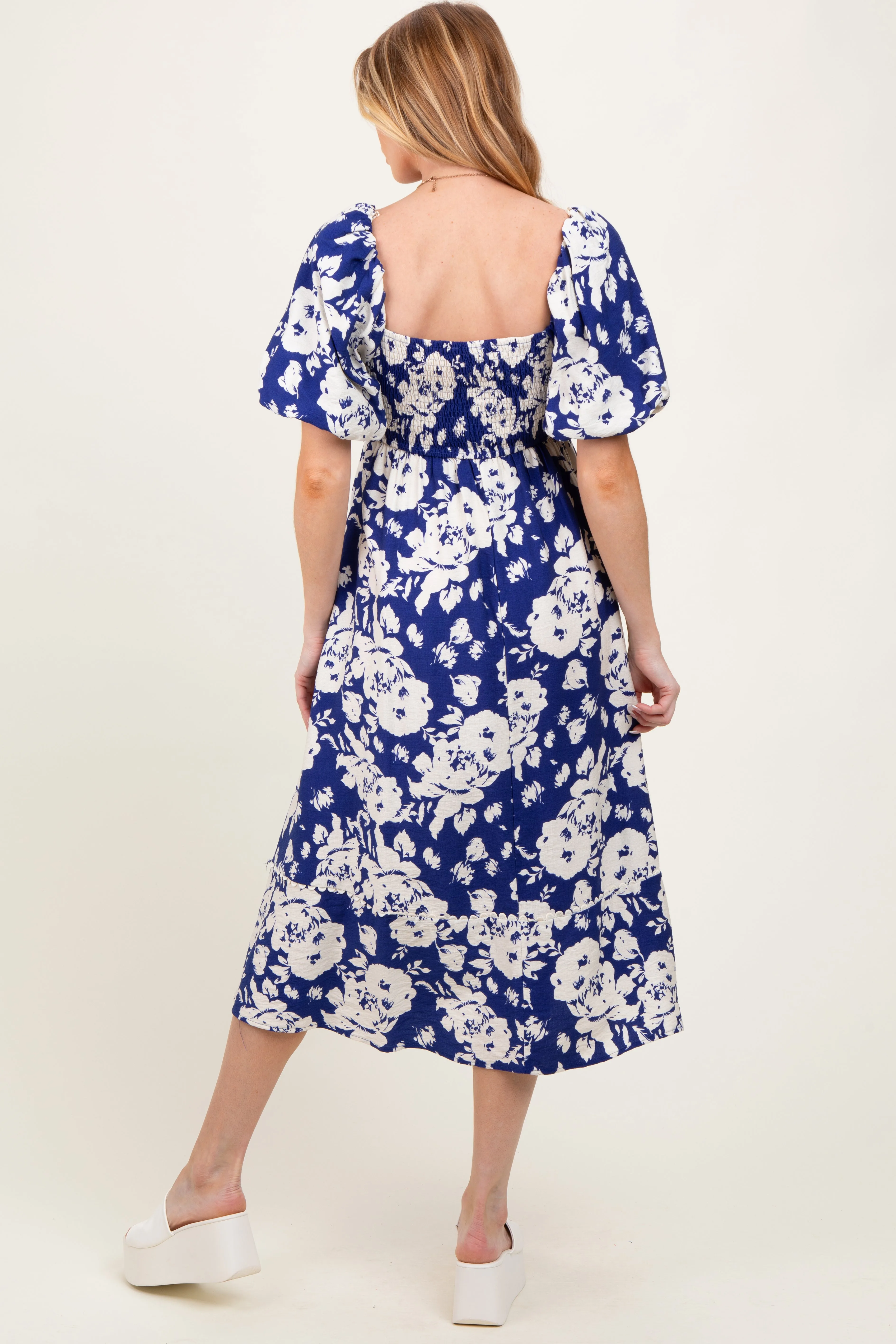 Navy Floral Scallop Trim Puff Sleeve Maternity Midi Dress sold by Pinkblush product image thumbnail 3