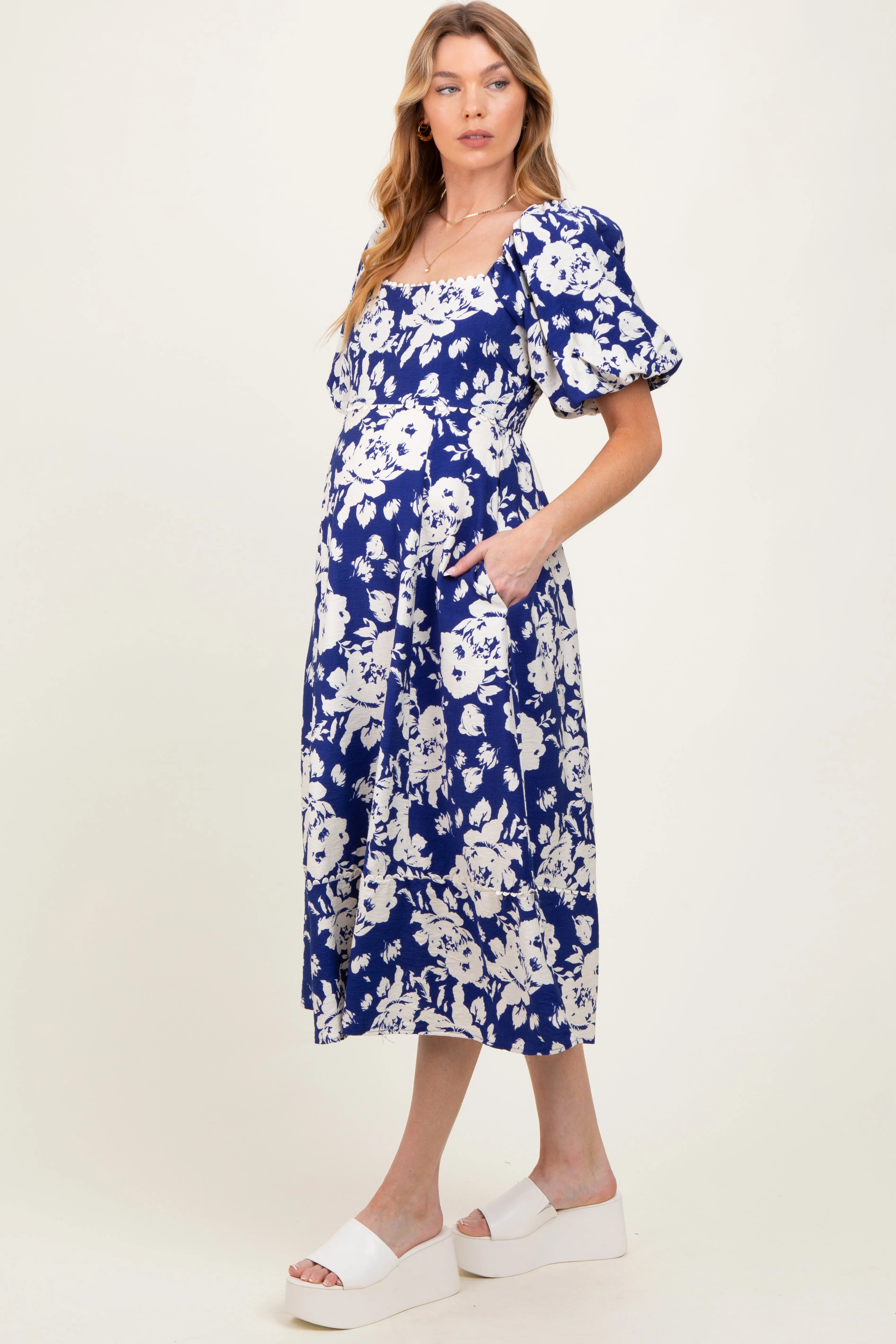 Navy Floral Scallop Trim Puff Sleeve Maternity Midi Dress sold by Pinkblush