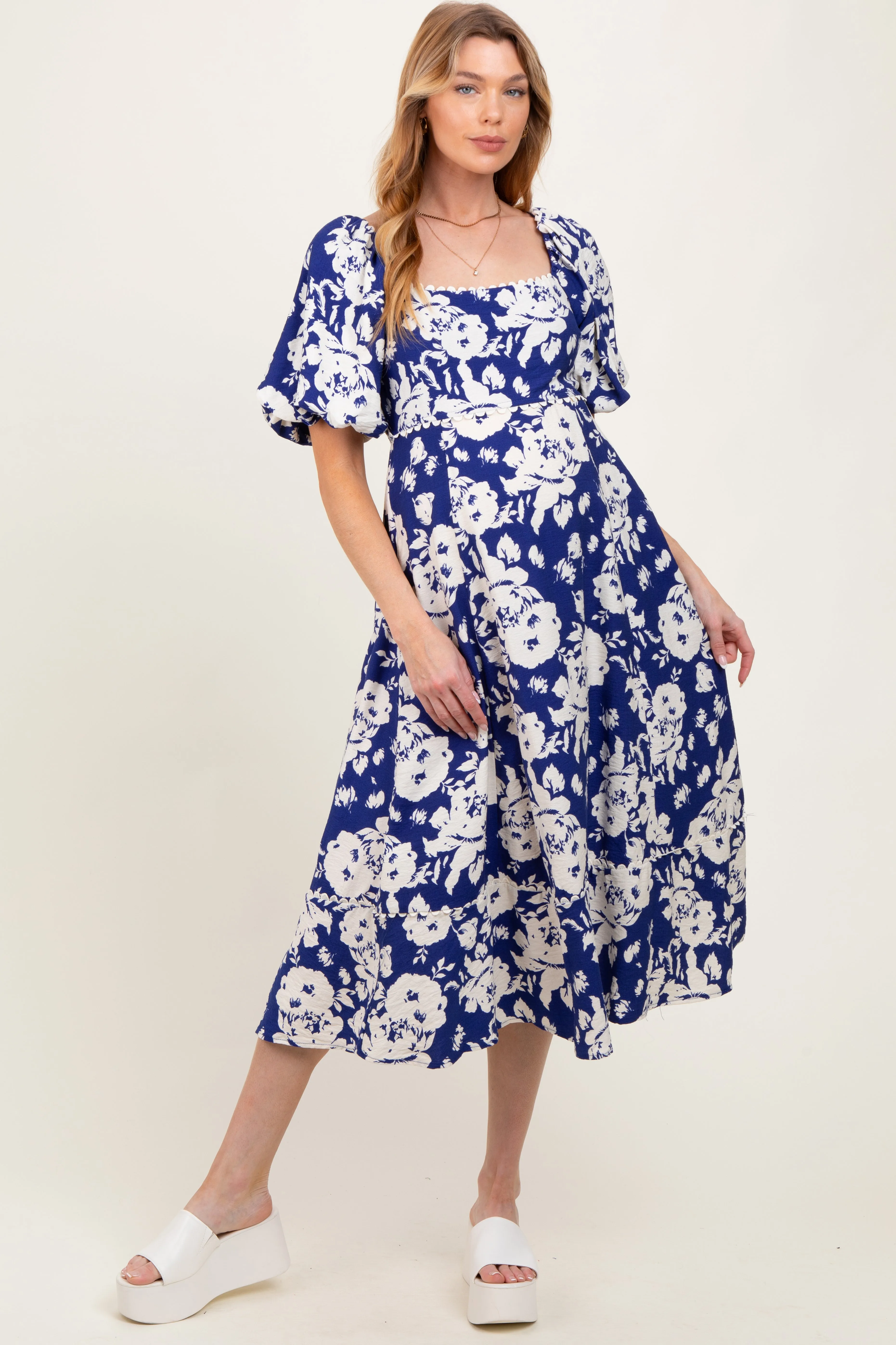 Navy Floral Scallop Trim Puff Sleeve Maternity Midi Dress sold by Pinkblush product image thumbnail 2