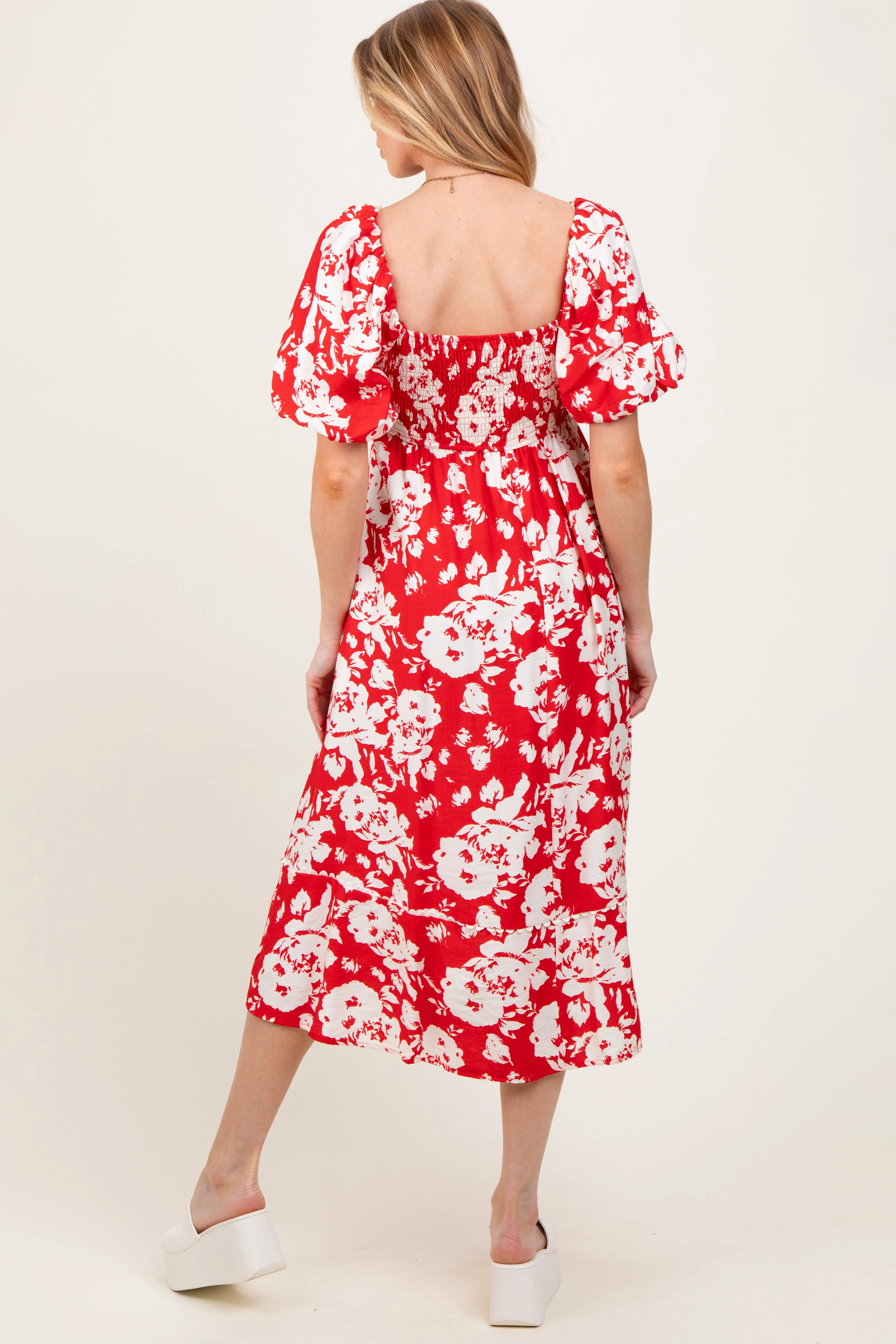 Red Floral Scallop Trim Puff Sleeve Maternity Midi Dress sold by Pinkblush product image thumbnail 4