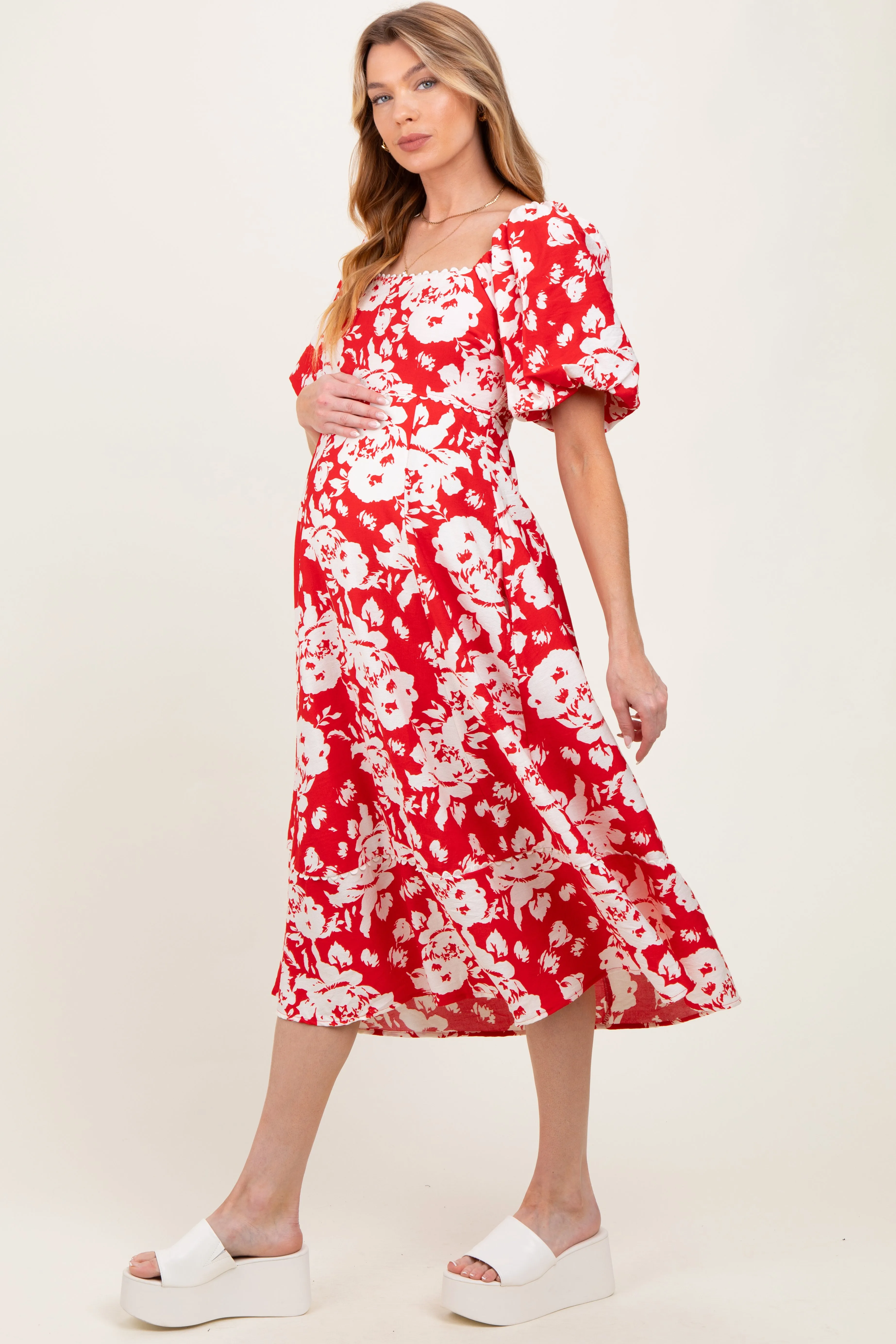 Red Floral Scallop Trim Puff Sleeve Maternity Midi Dress sold by Pinkblush